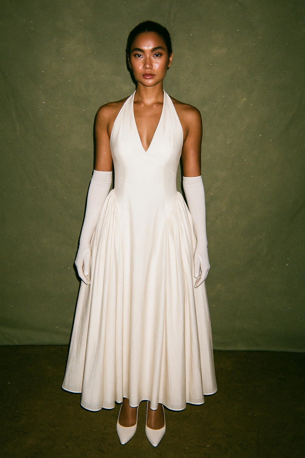Cream Plunge Drop Waist Dress