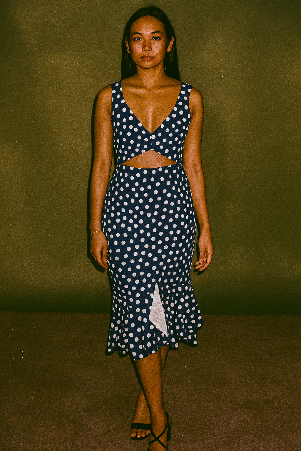 Charina Sarte Blue V Neck Polka Dot Dress with Front Cut Out
