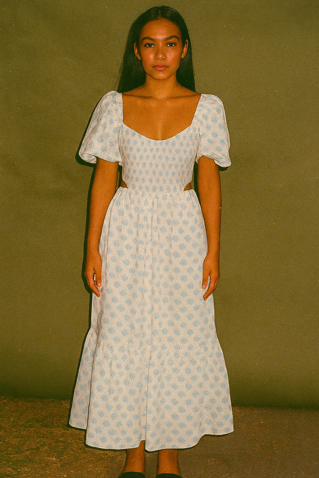 Faithfull The Brand White Floral Puffsleeve with Ruched Top Design & Back Cut Out Detail