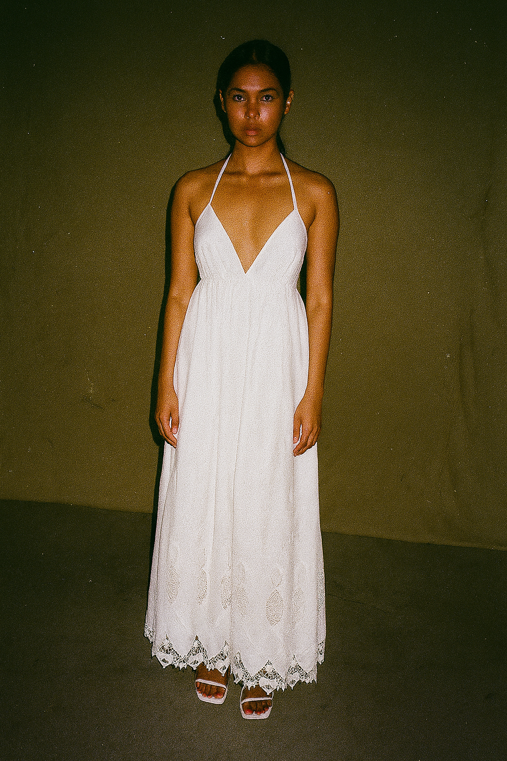 Tularosa White Linen Halterneck Dresss with Pleated Detail & Eyelet Design