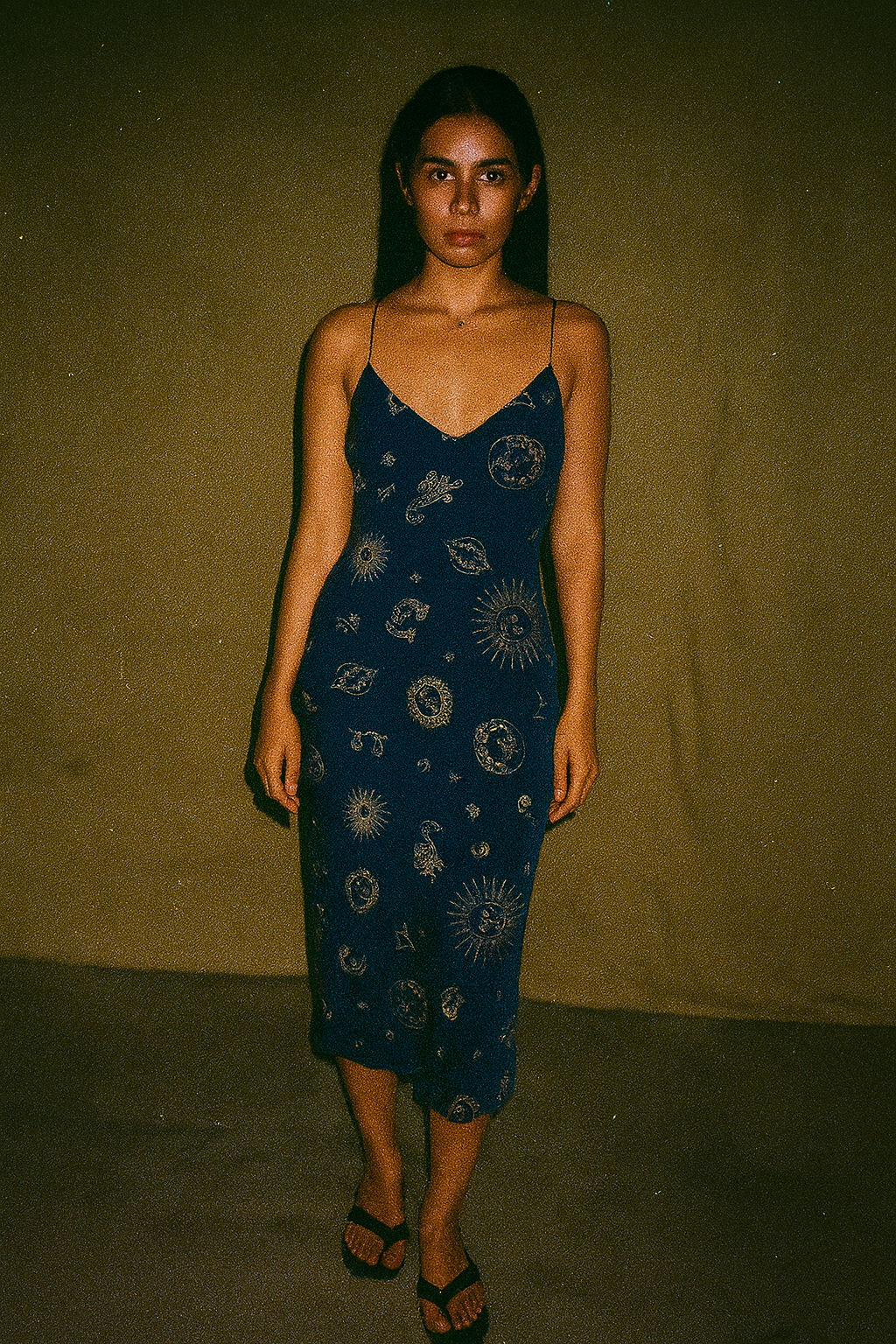 Realisation Par Blue Slip Dress Embroidered Resemble Zodiac Print