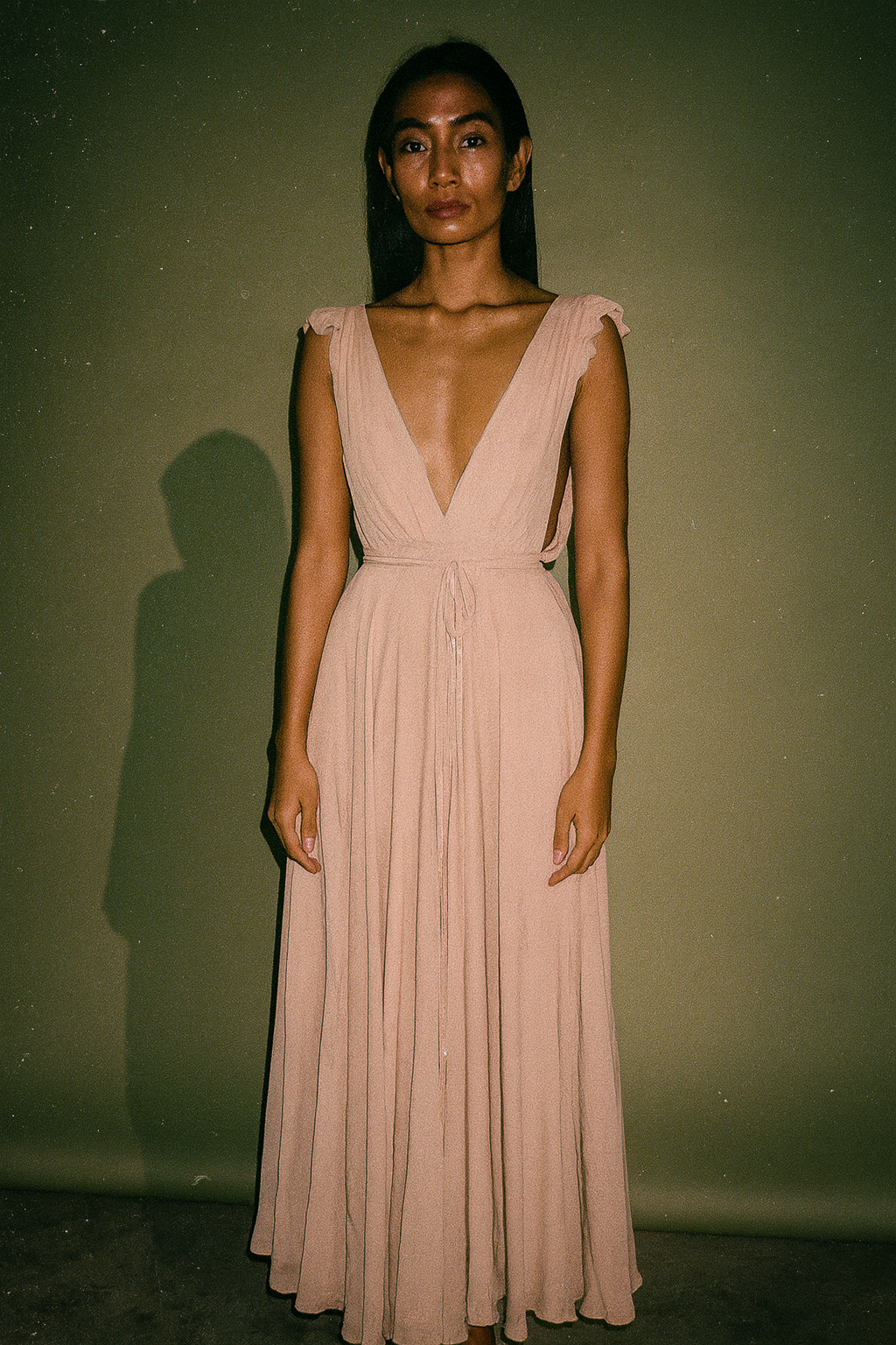 Reformation Light Pink Long Dress V Neck Flowing Skirt with Tie at the Back