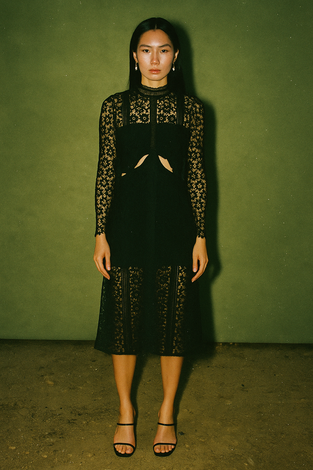 Self Portrait Lace Cut Out Long Sleeve Long Dress