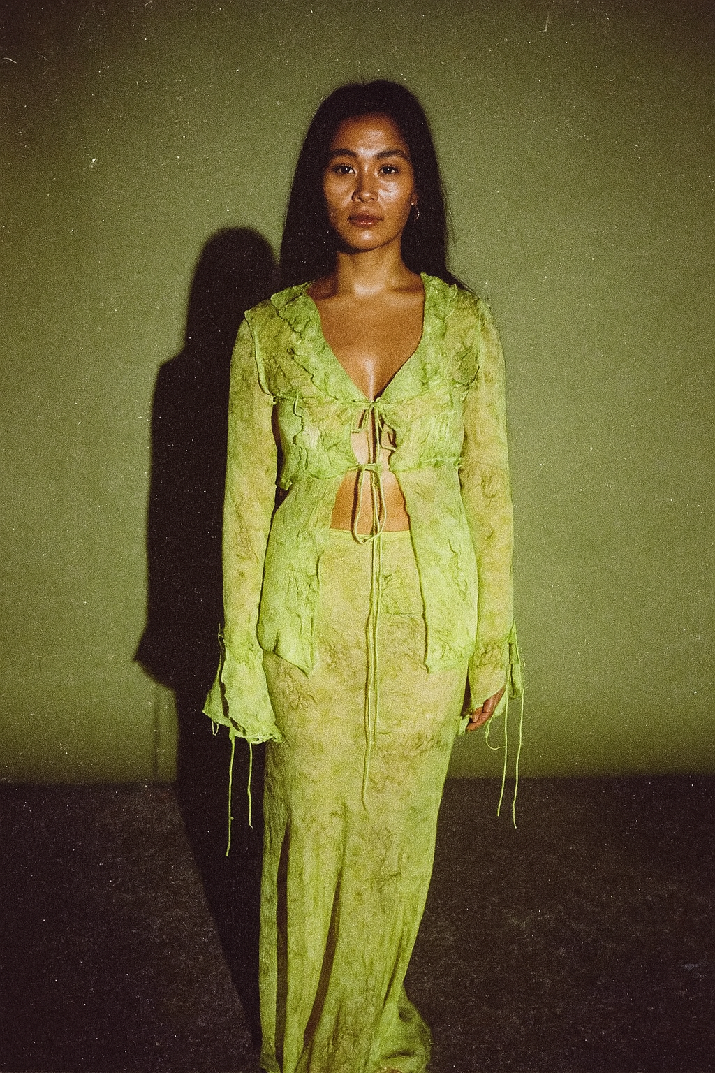 Rat & Boa Sheer Long Sleeve Ruffled Top Matching Long Skirt Lime Green Abstract