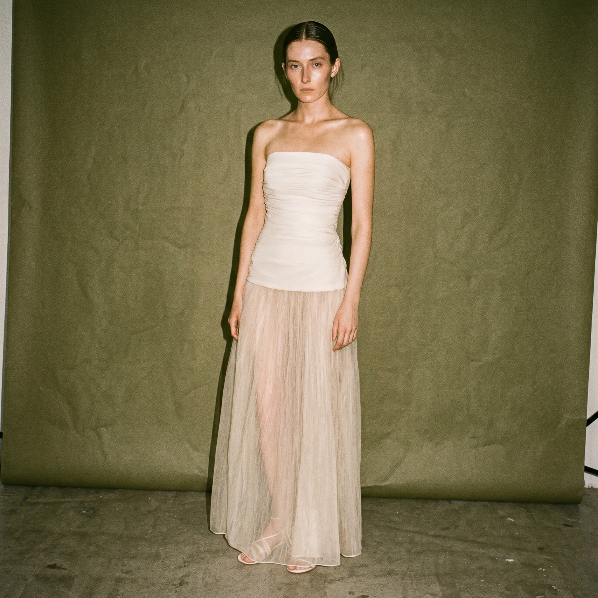 Sheer Overlay Maxi Skirt High Waist OrganzaDreamy Layered Look Tube Dress Ruched Crinkle