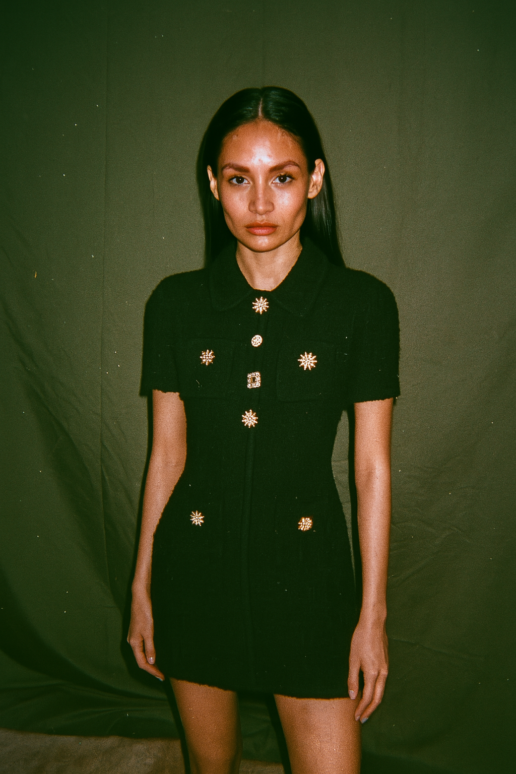 Black Mini Dress with Brooch Buttons