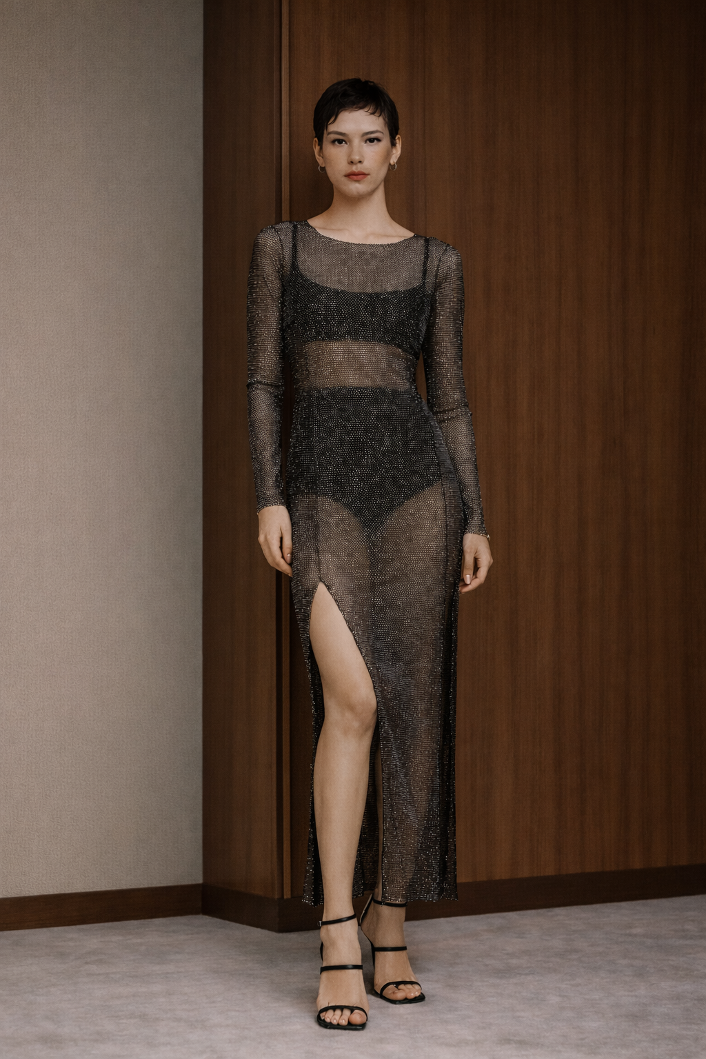 Santa Long Dress Beigi with Rhinestones