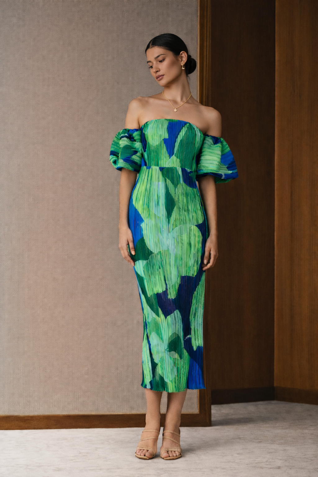 Lidee Off Shoulder Strapless Pleated Abstract Botanicals Organic Shapes