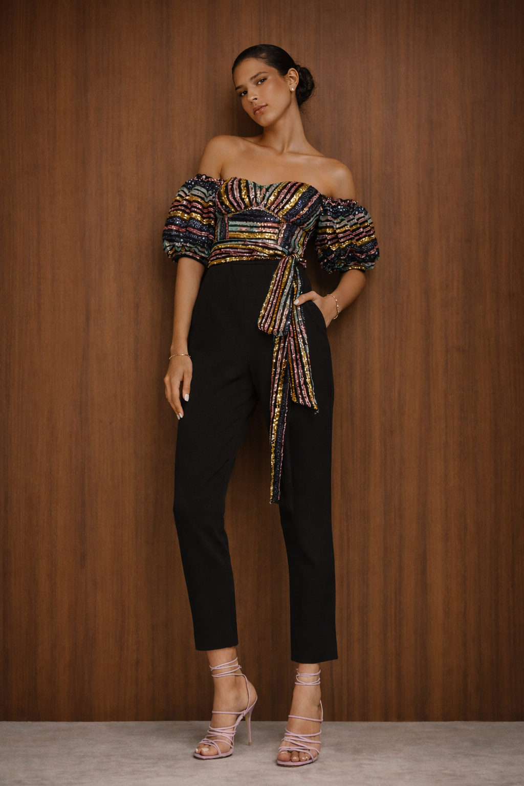 Self Portrait Jumpsuit Black Multicolor Sequin Stripes OffShoulder Waist Sash