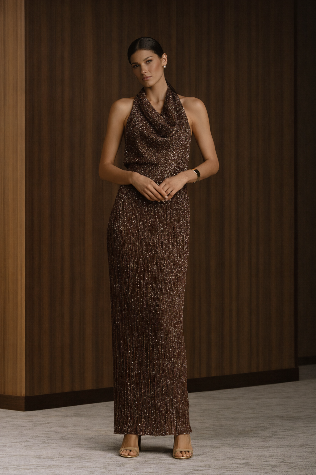 Lady Pipa Brown and Gold Metallic Pleated Formal Dress