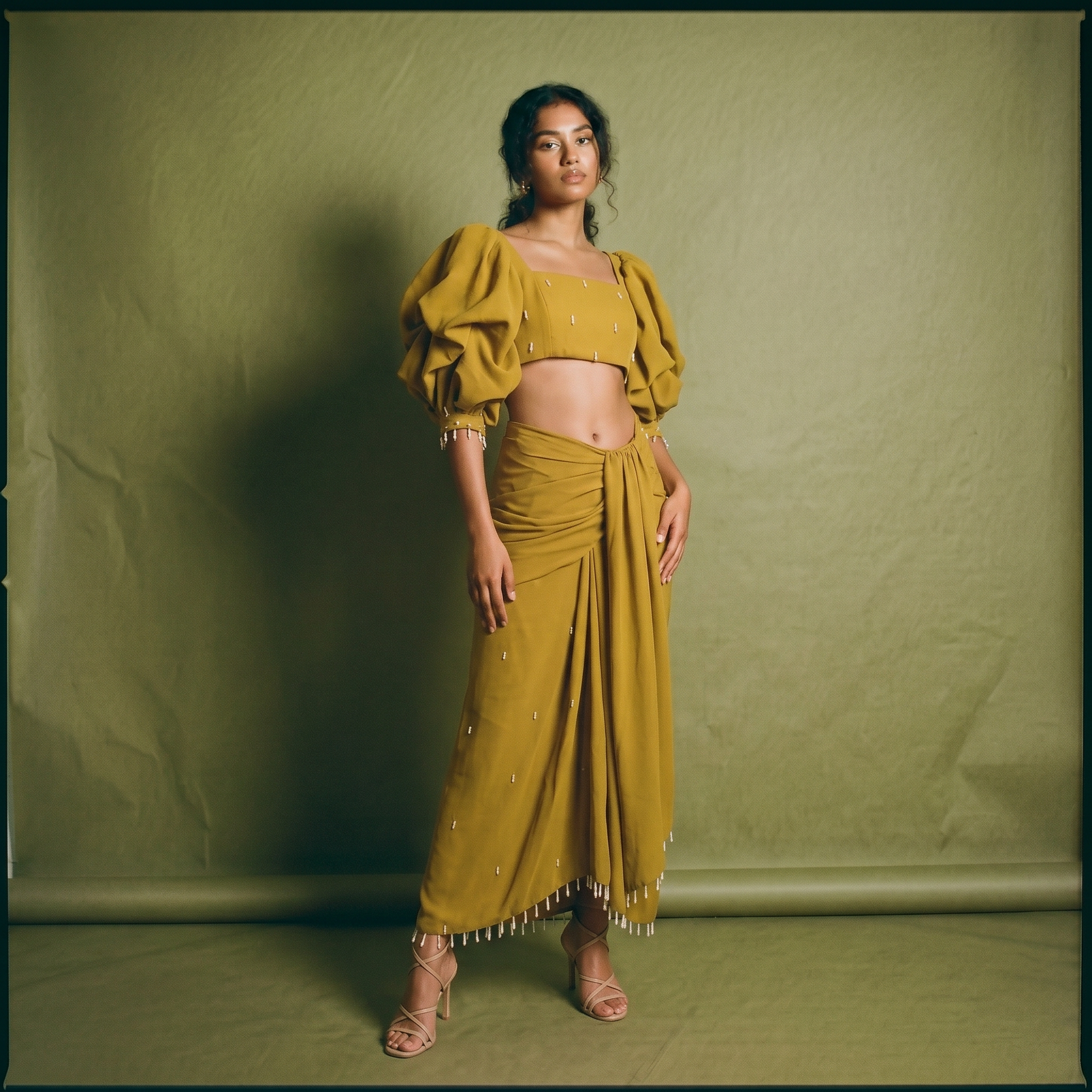 Andrea tetangco co-ord Puff Sleeve Pearl Embroidery Skirt and top