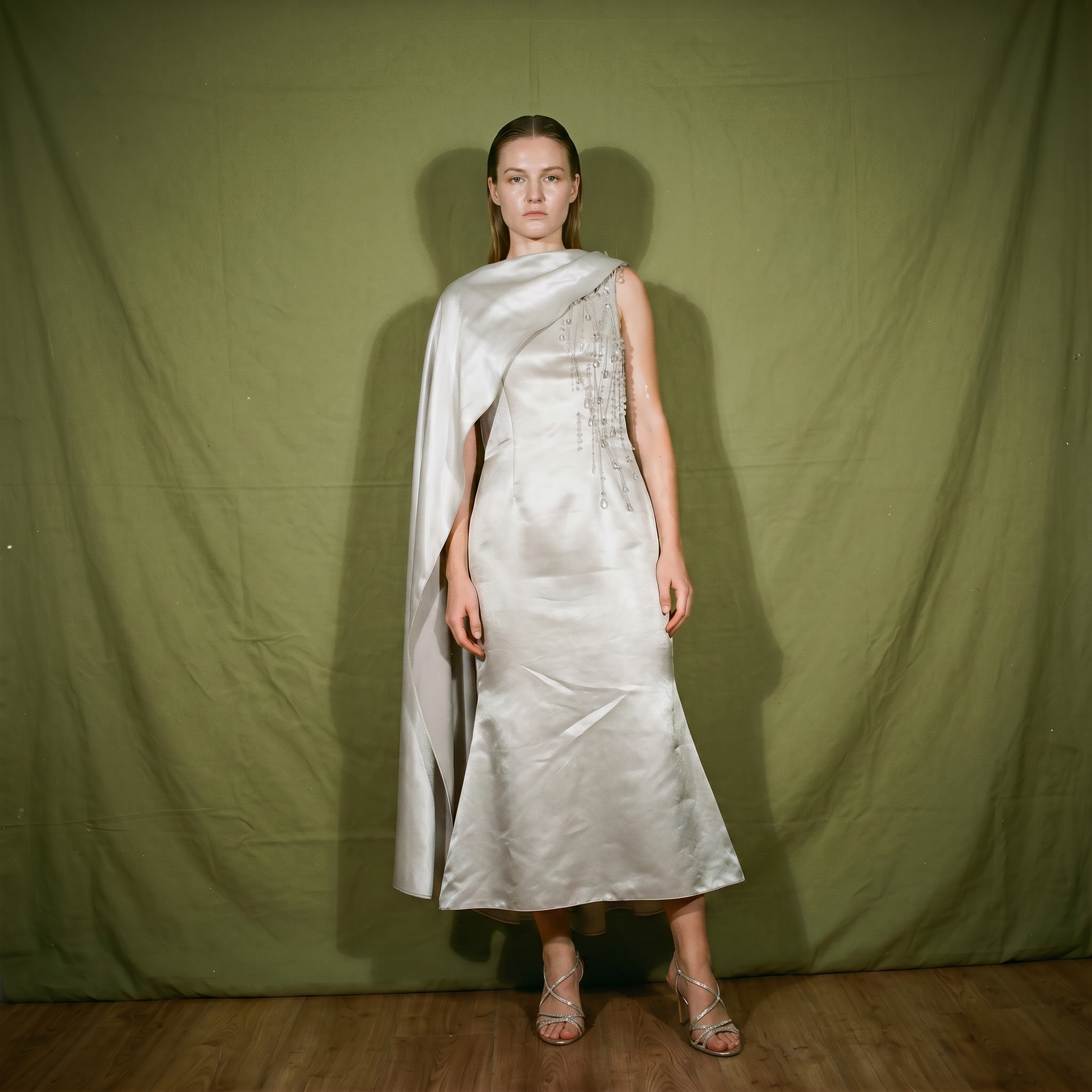 Khai Villanueva Gray Draped Shoulder Detail and Delicate Bead Embellishment