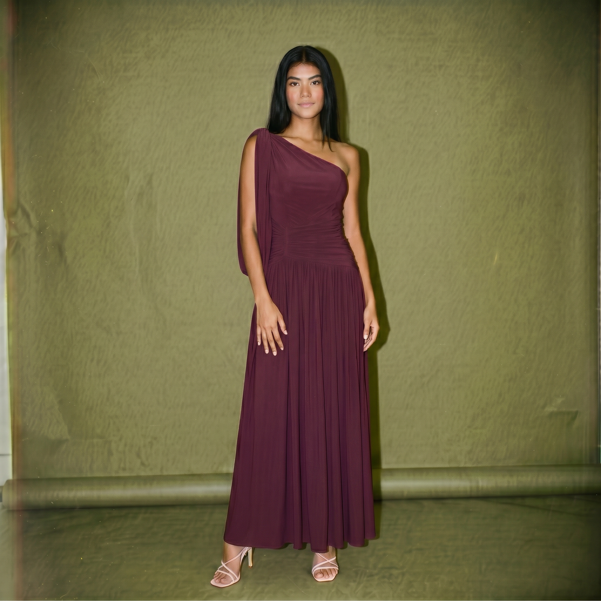 Rotacion One Shoulder Draped and Pleated Detail Across the bodice Flowy