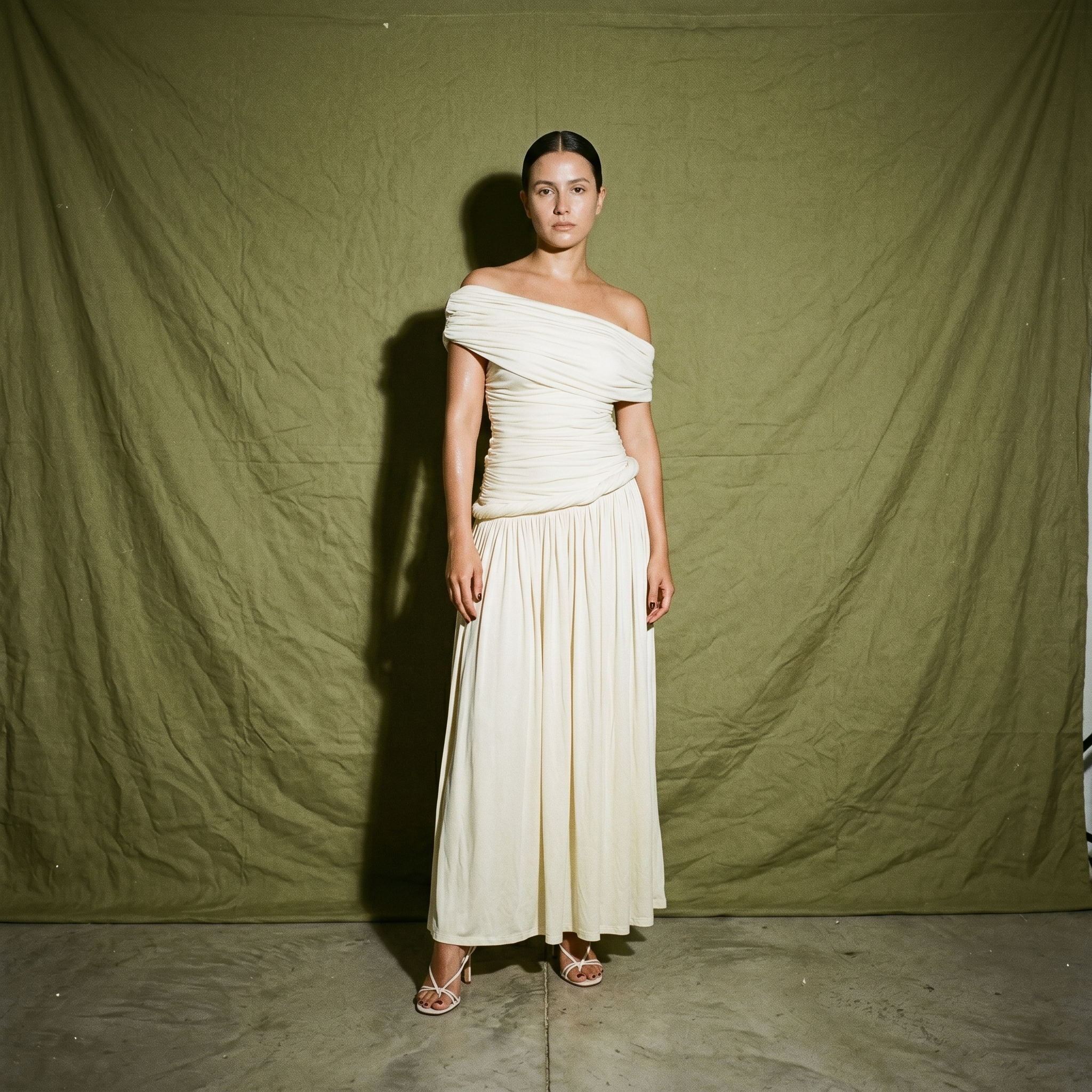Cocosin White One Shoulder Dress with Drapeed Fabric Details Flared Sleeve
