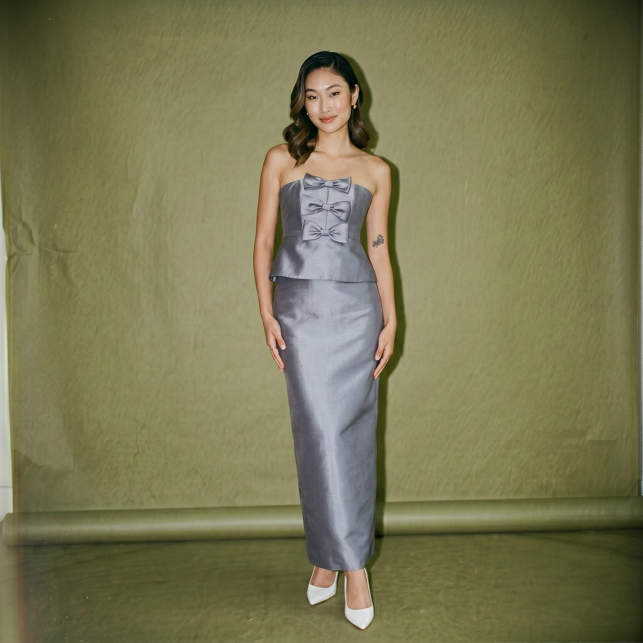 Vania Romoff Corseted Bustier Puplum Top with Bow and Matching Pencil Skirt