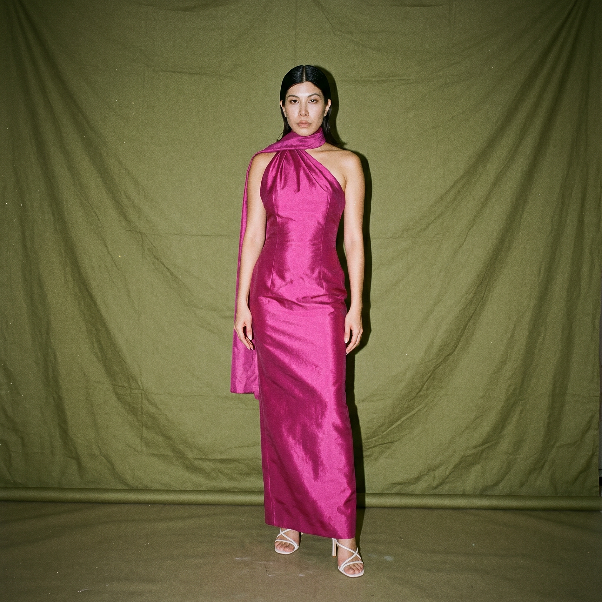 Rotacion Magenta Floor Length Gown Sleek One Sholder Halter Neckline Scarf Drape