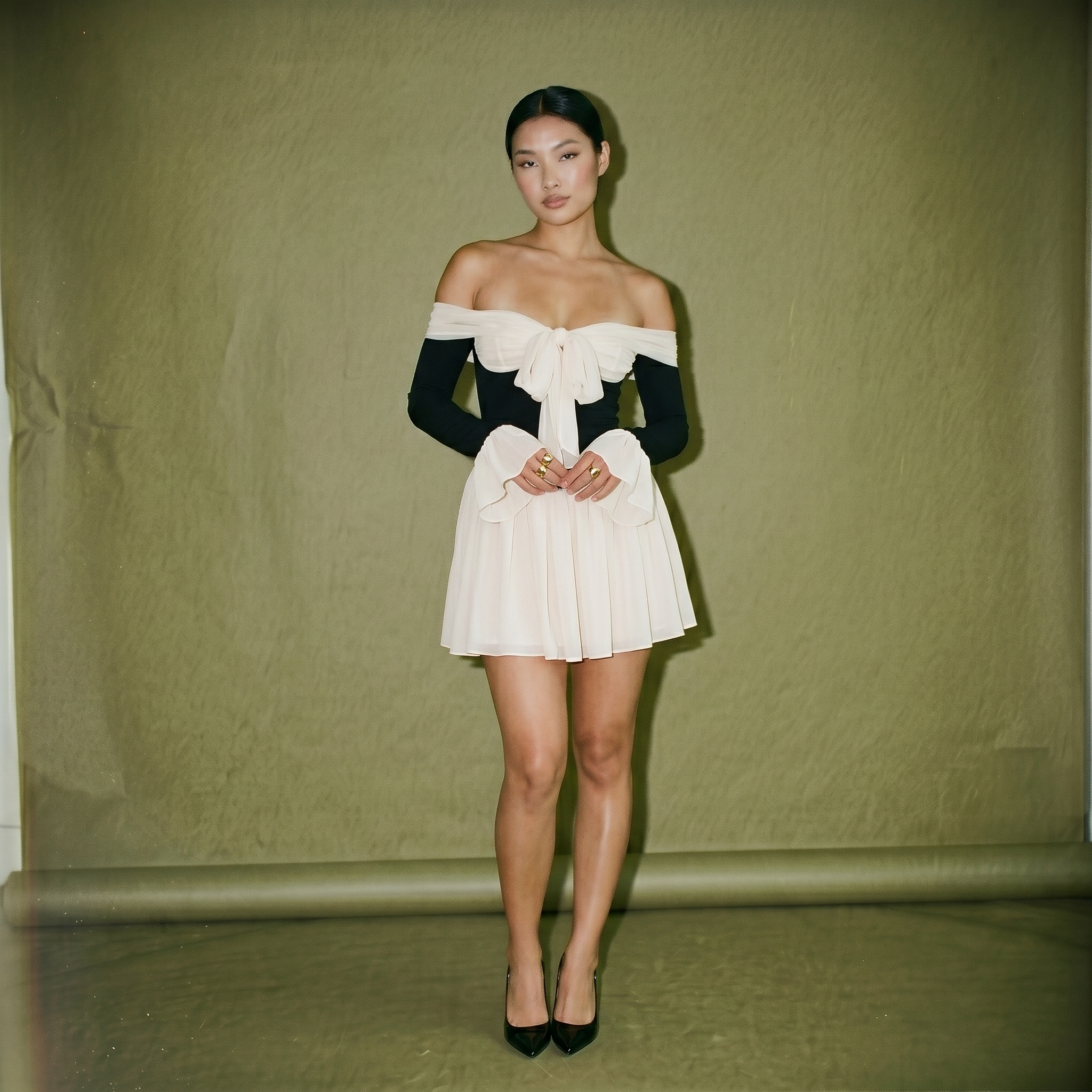 House of CB Black and Cream Off Shoulder Minidress