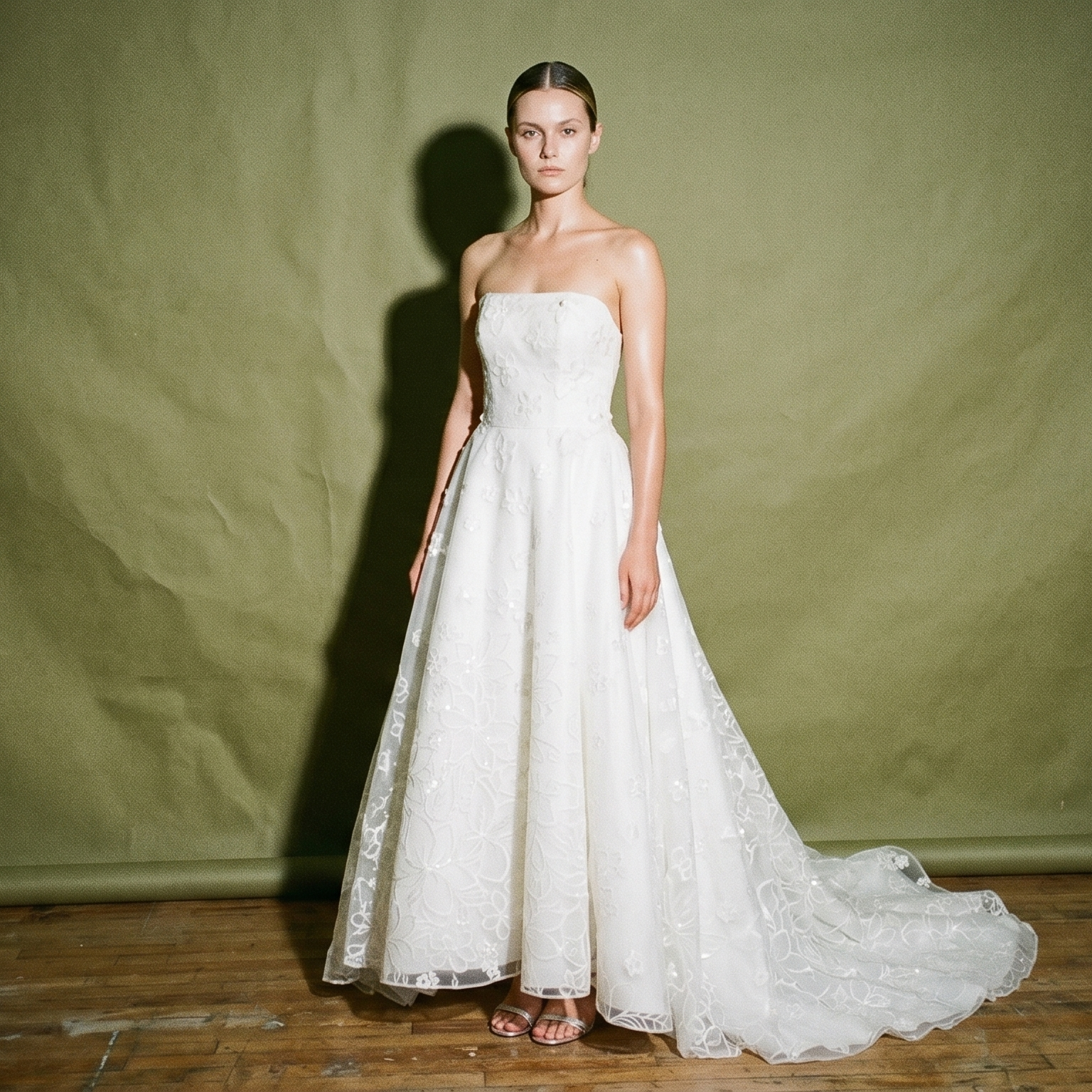 Mel Olrena Tube White Wedding Gown Long Sheer Veil Adorned Floral