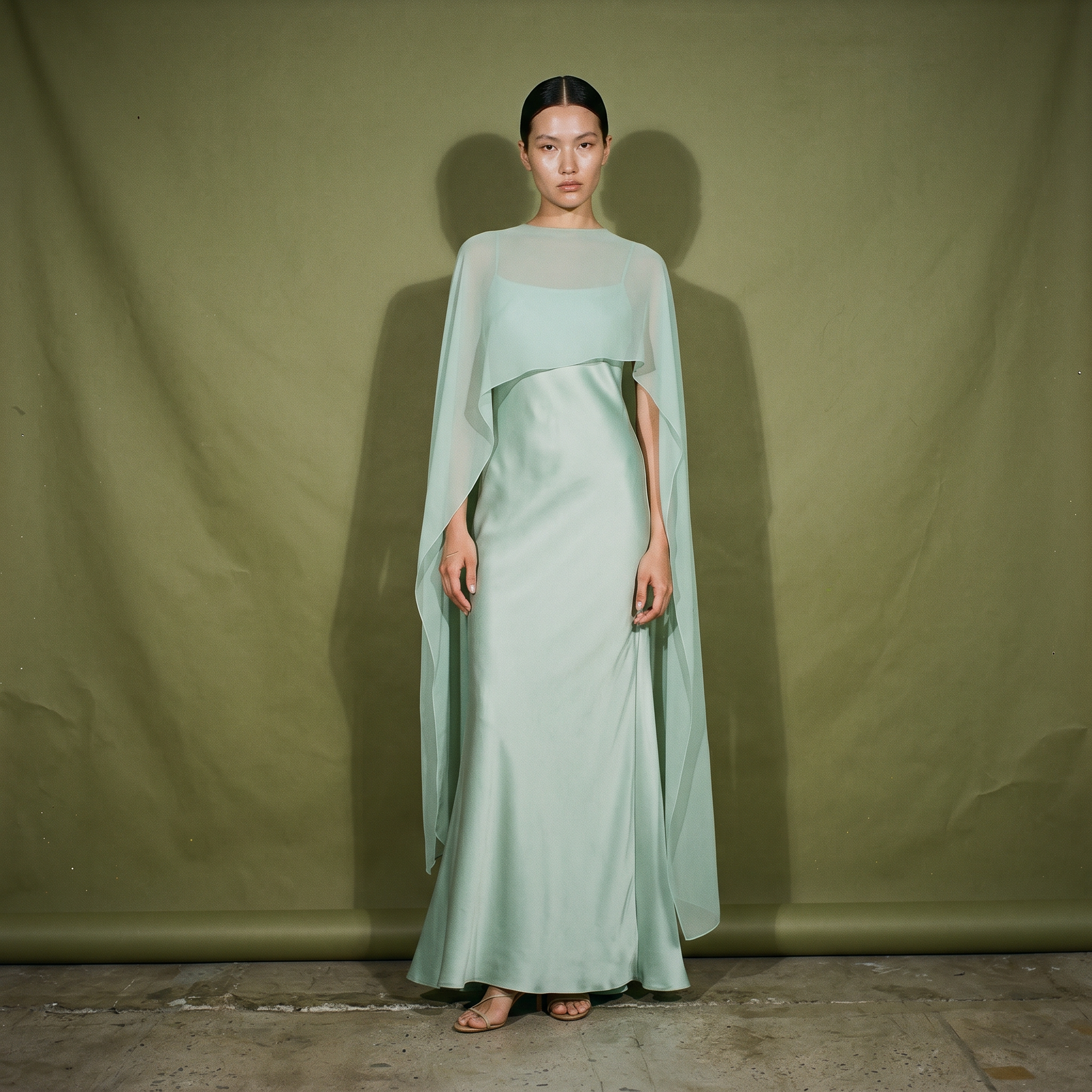 Tinni Tube Dress with Organza Cape Draped Over the Shoulder
