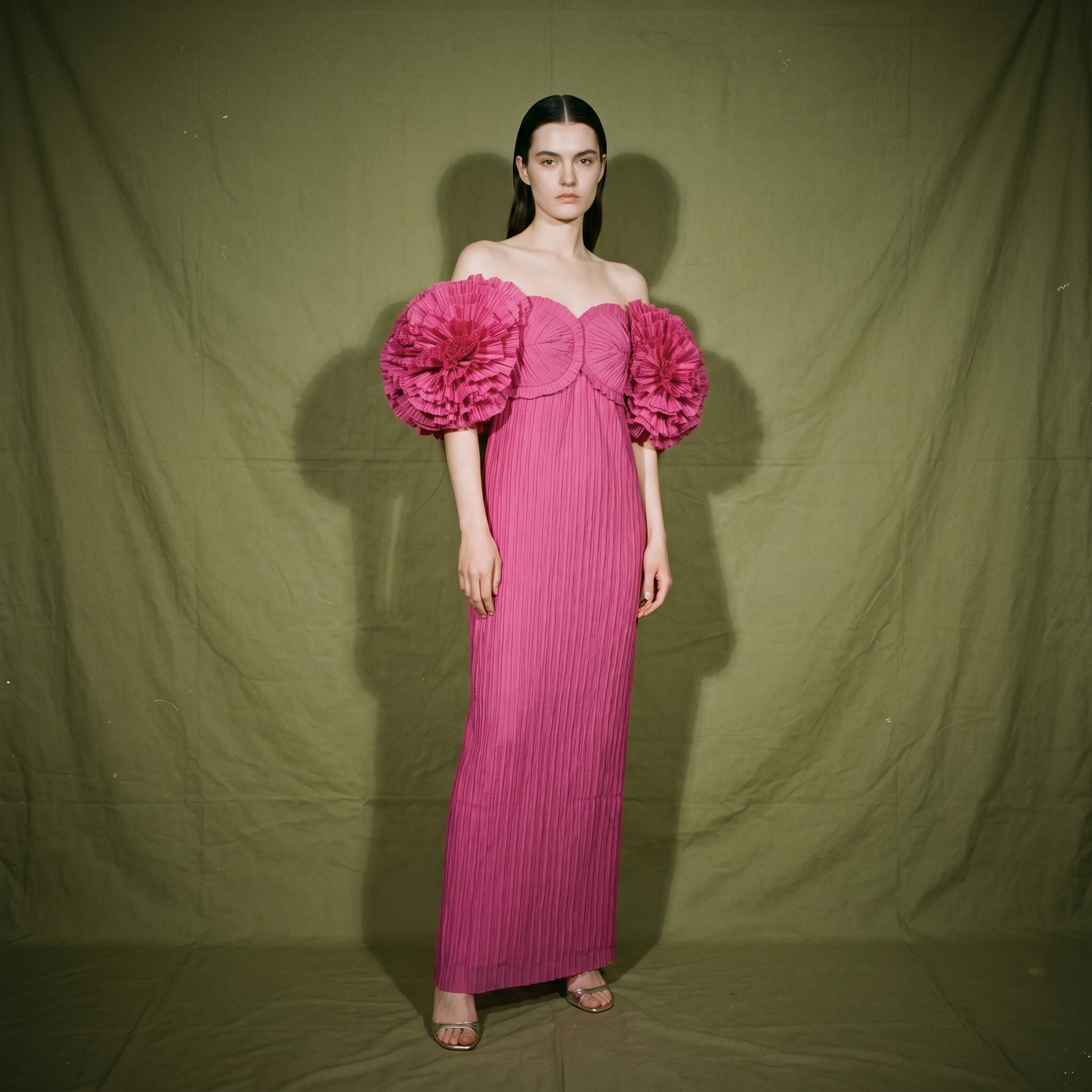 Aje Crystallise Pleated Dress with Off Shoulder Ruffle Detail