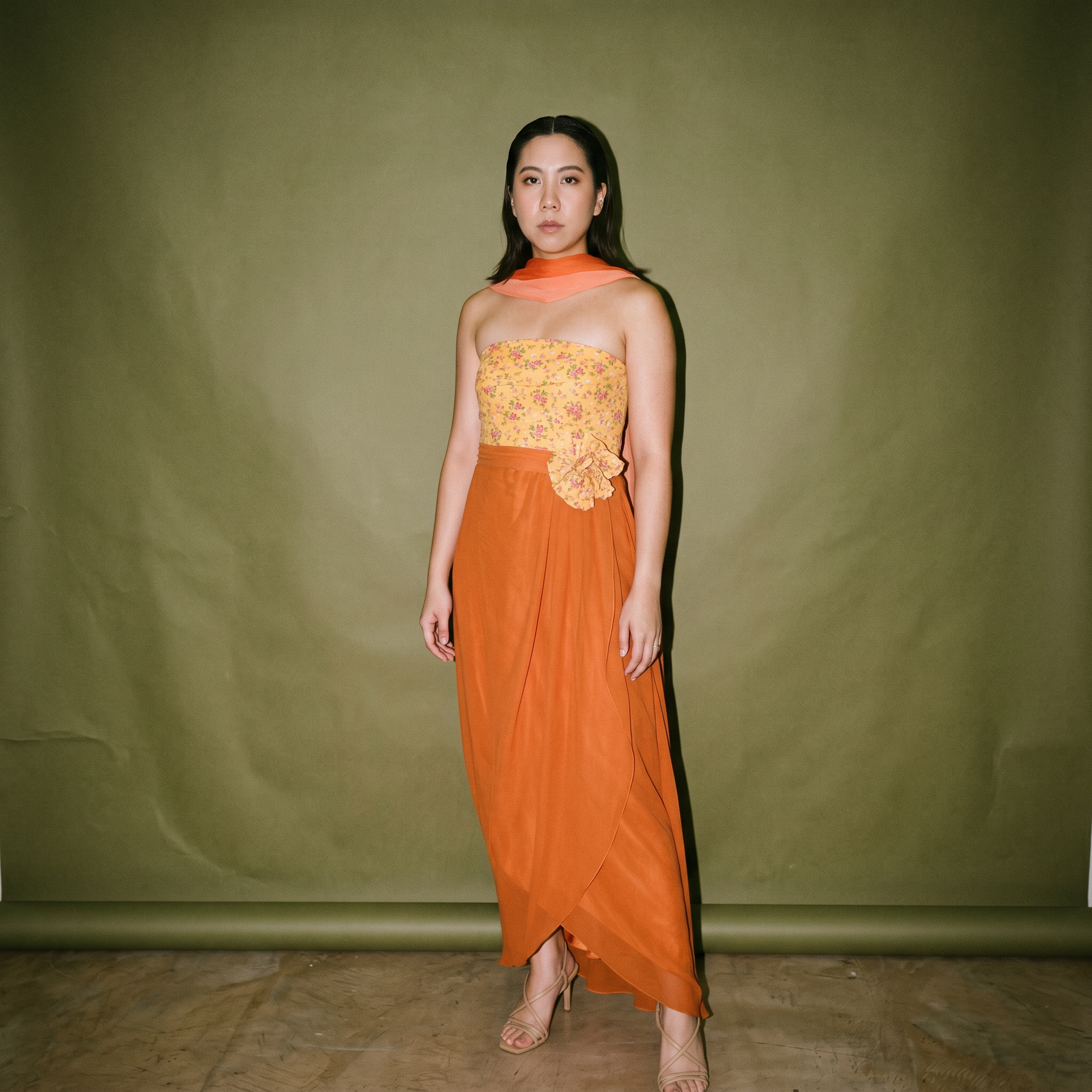 Rotacion Tangerine Colored Azazie Maxi Dress Tube Floral Matching Neck Scarf