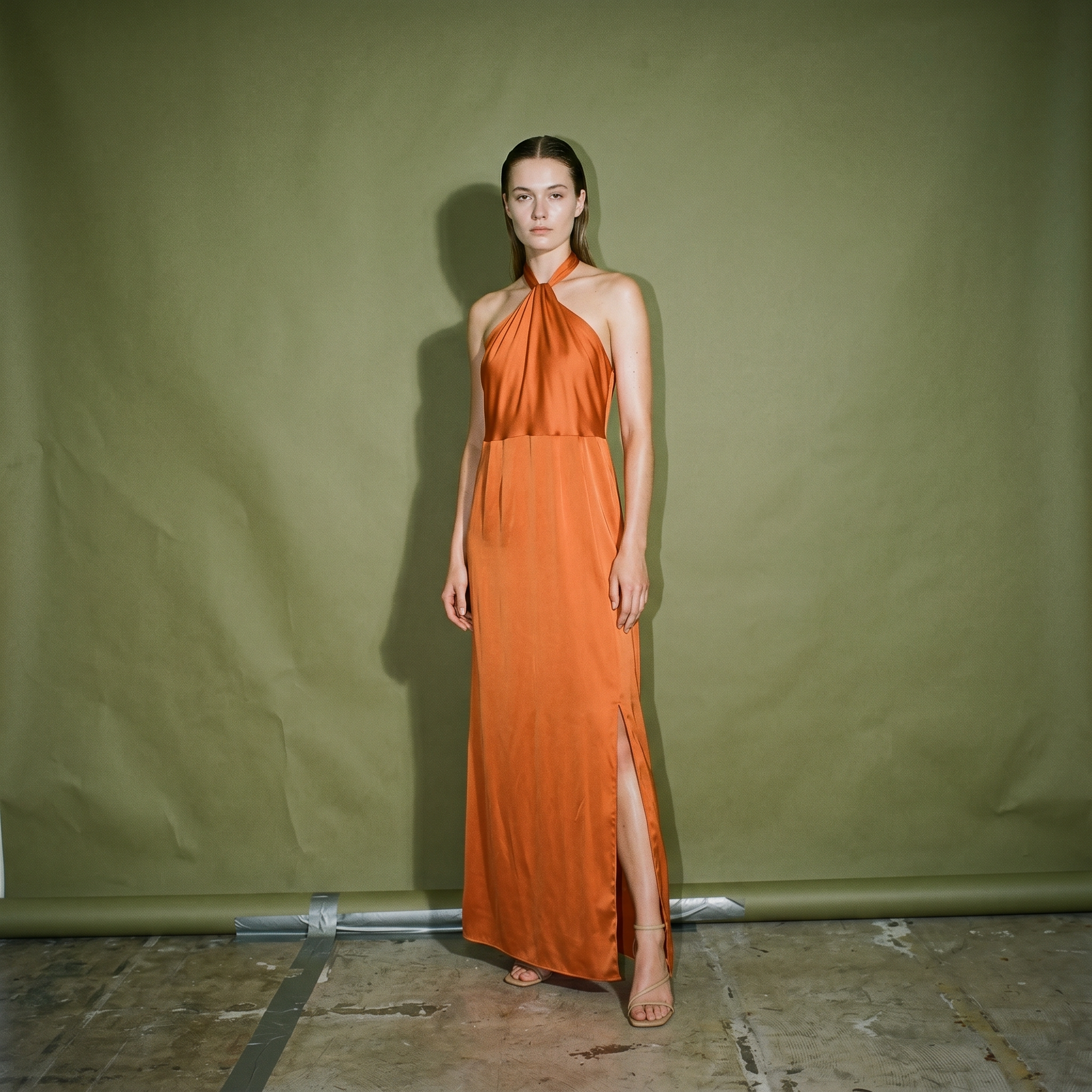 Antonina Dark Orange Halter Neckline Backless Silk Dress