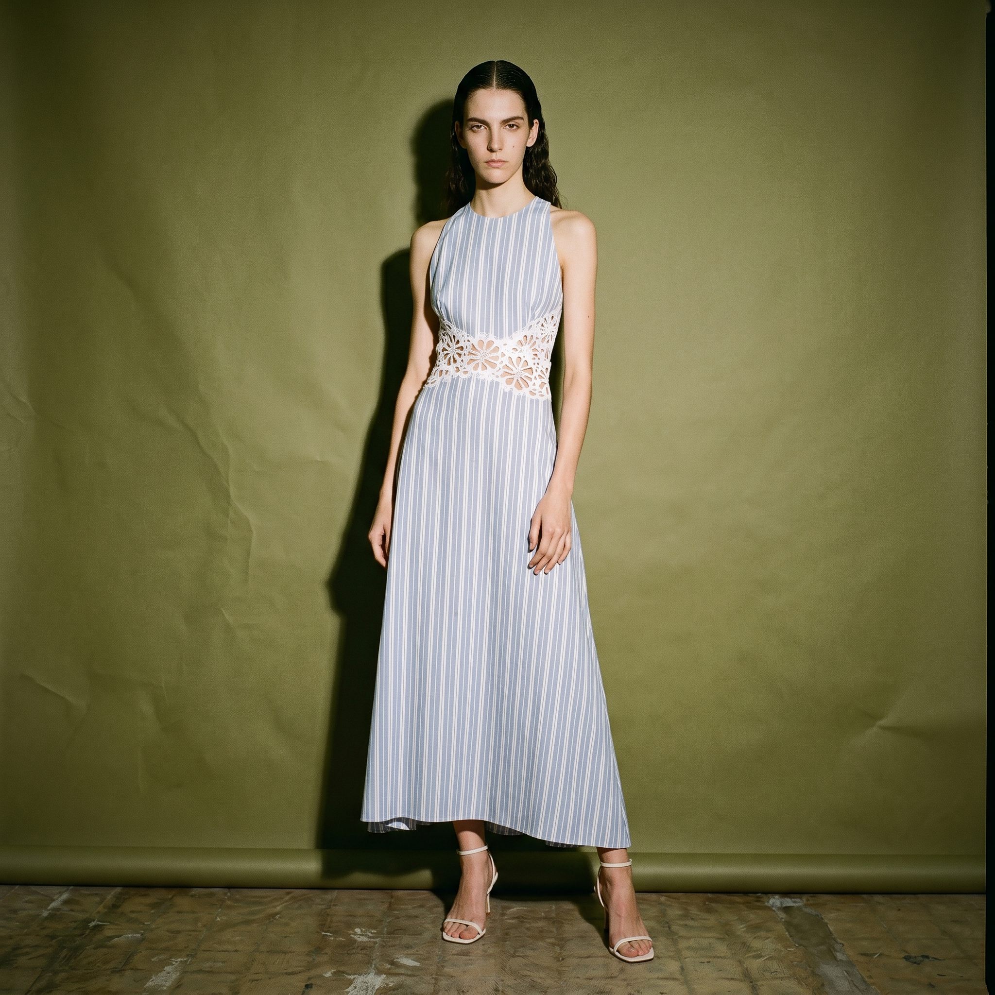 Sandro Striped Maxi Dress with Lace Cutwork