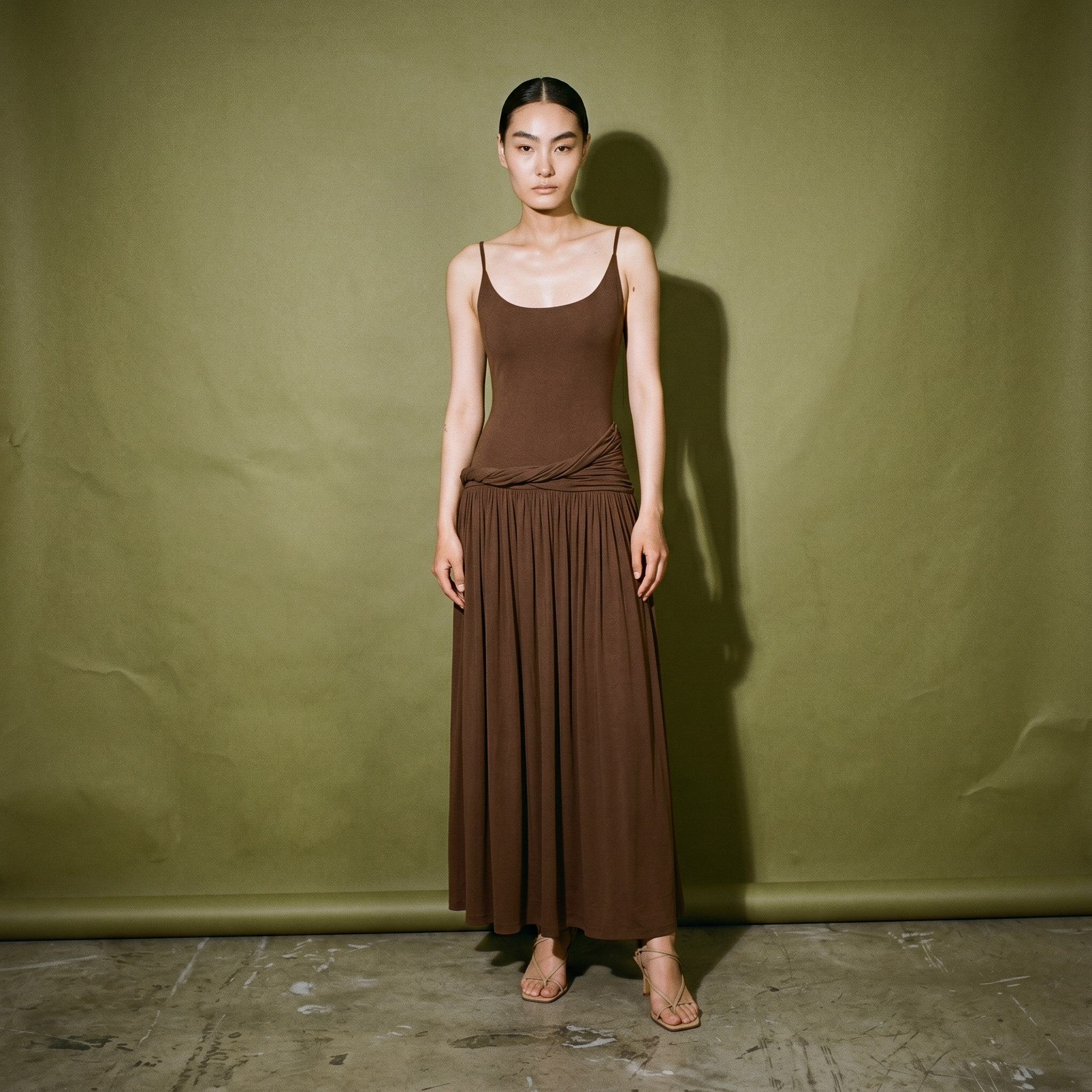 Brown Cocosin Spaghetti Strap Maxi Dress Twisted Waist Detail