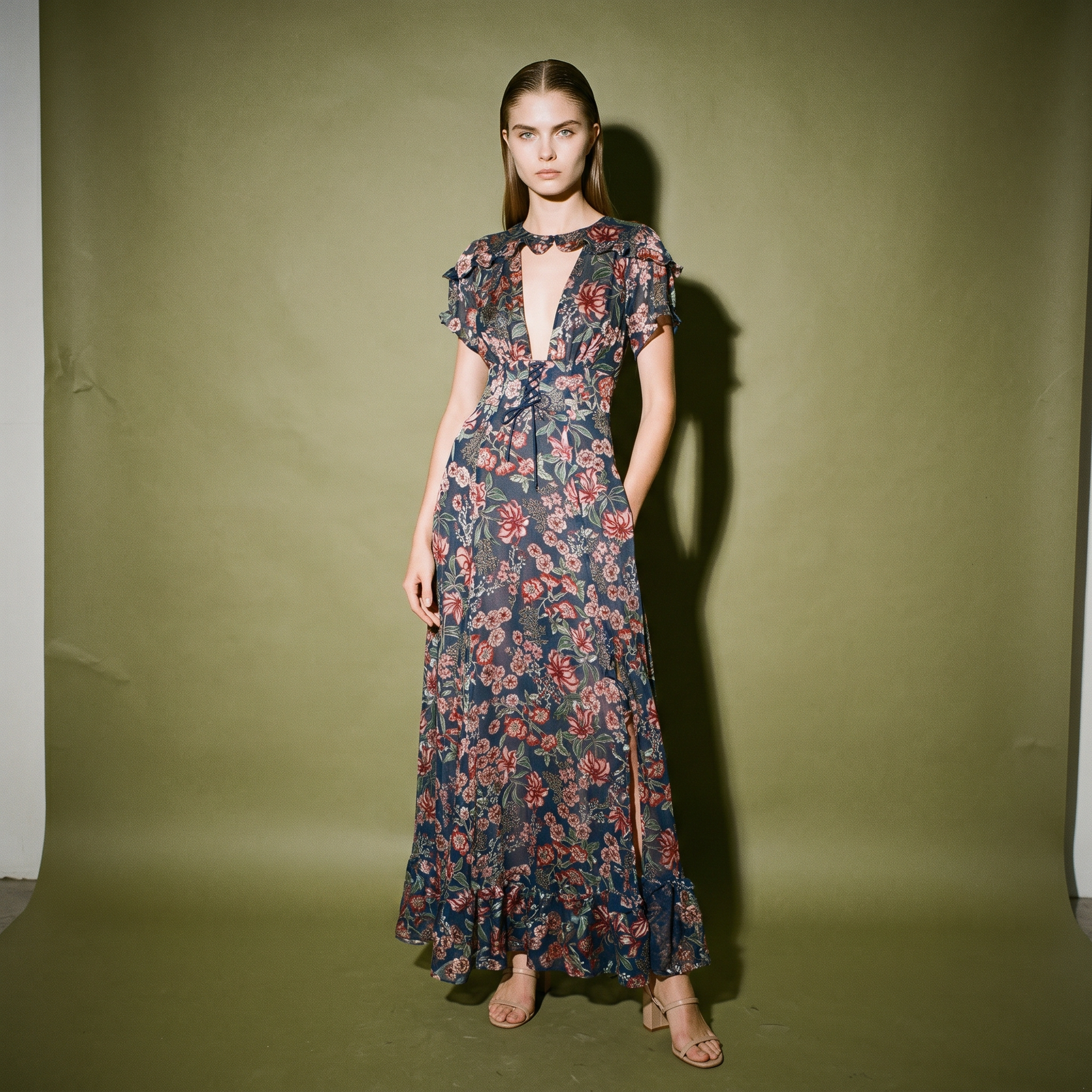 For Love & Lemons Floral Maxi Dress in Navy Floral Deep V Neckline Sheer