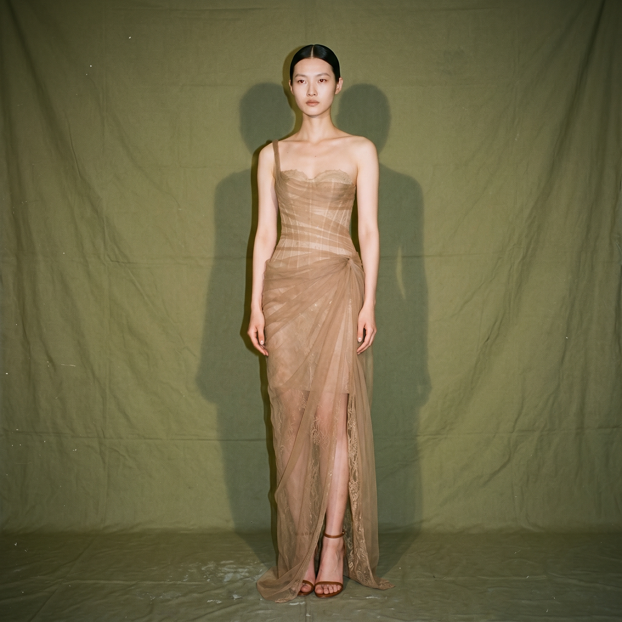 Brown Montsand Mara Dress One Shoulder Corset Bodice Draped Tulle