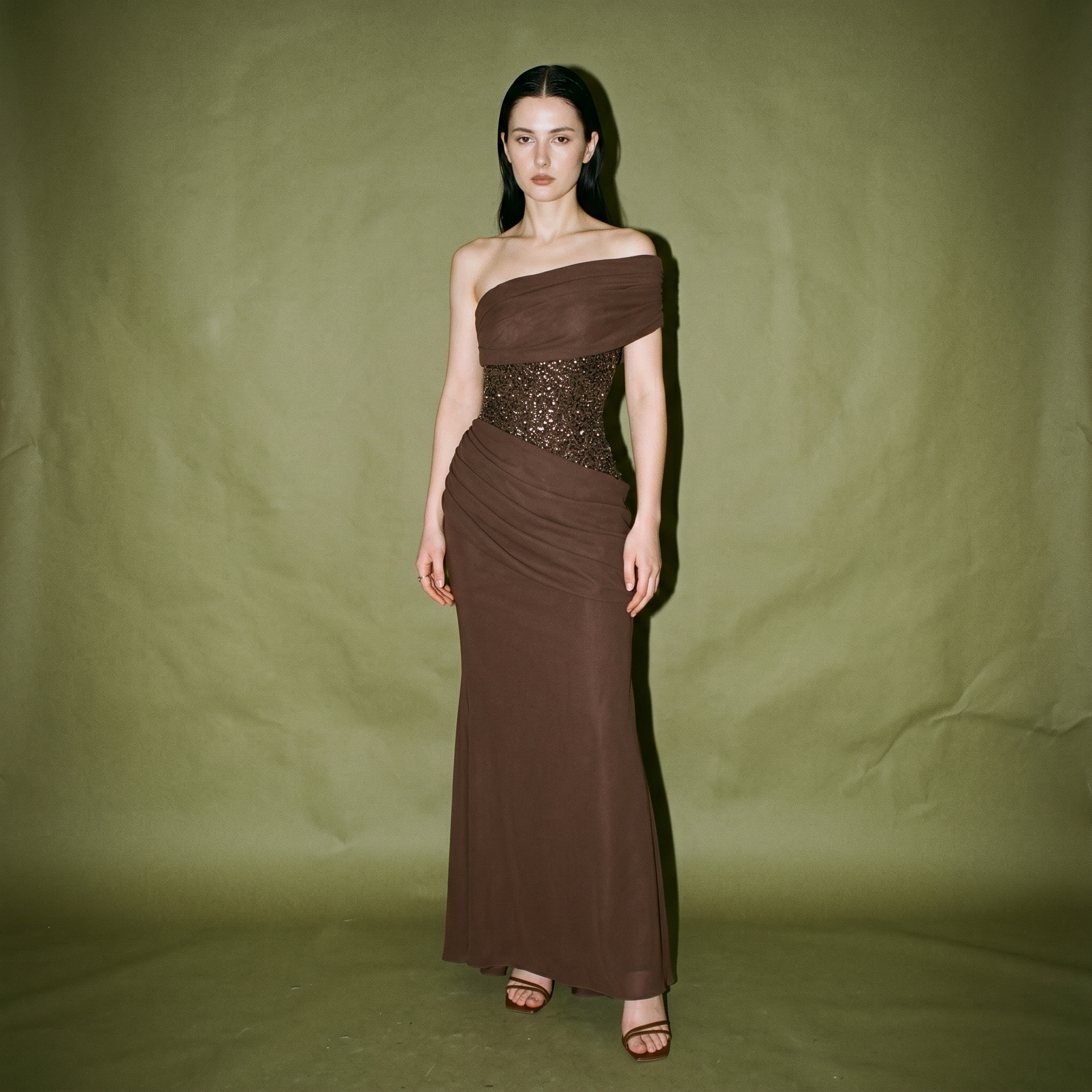 Babyboo Ellora Gown in Plum Brown Draped One Shoulder Neckline sequined Corset Bodice