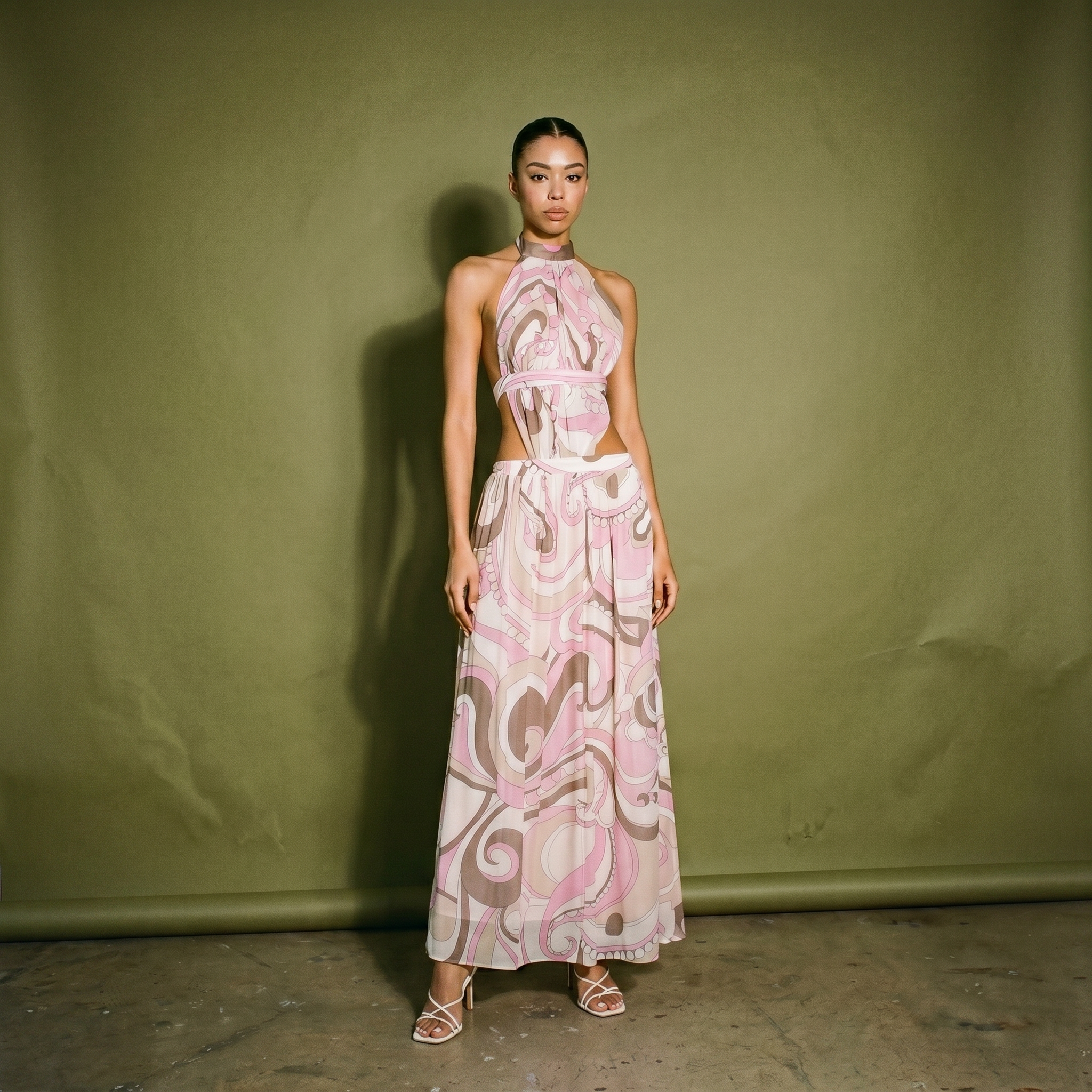 Cin Cin Rosette Maxi Dress Antibes Pink Abstract Cutout at the Back
