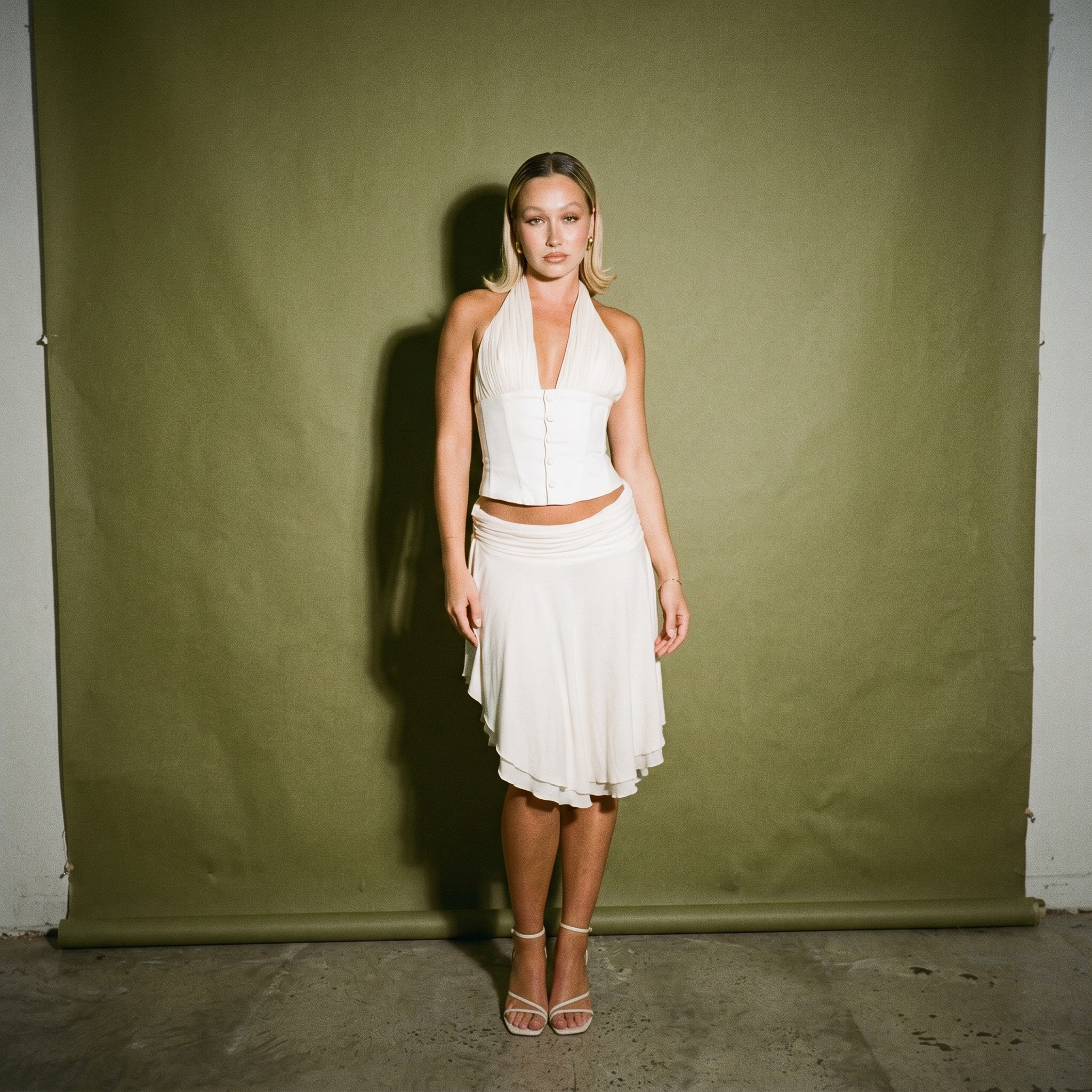 Cream Satin Corset Halter Top Matching Midi Skirt