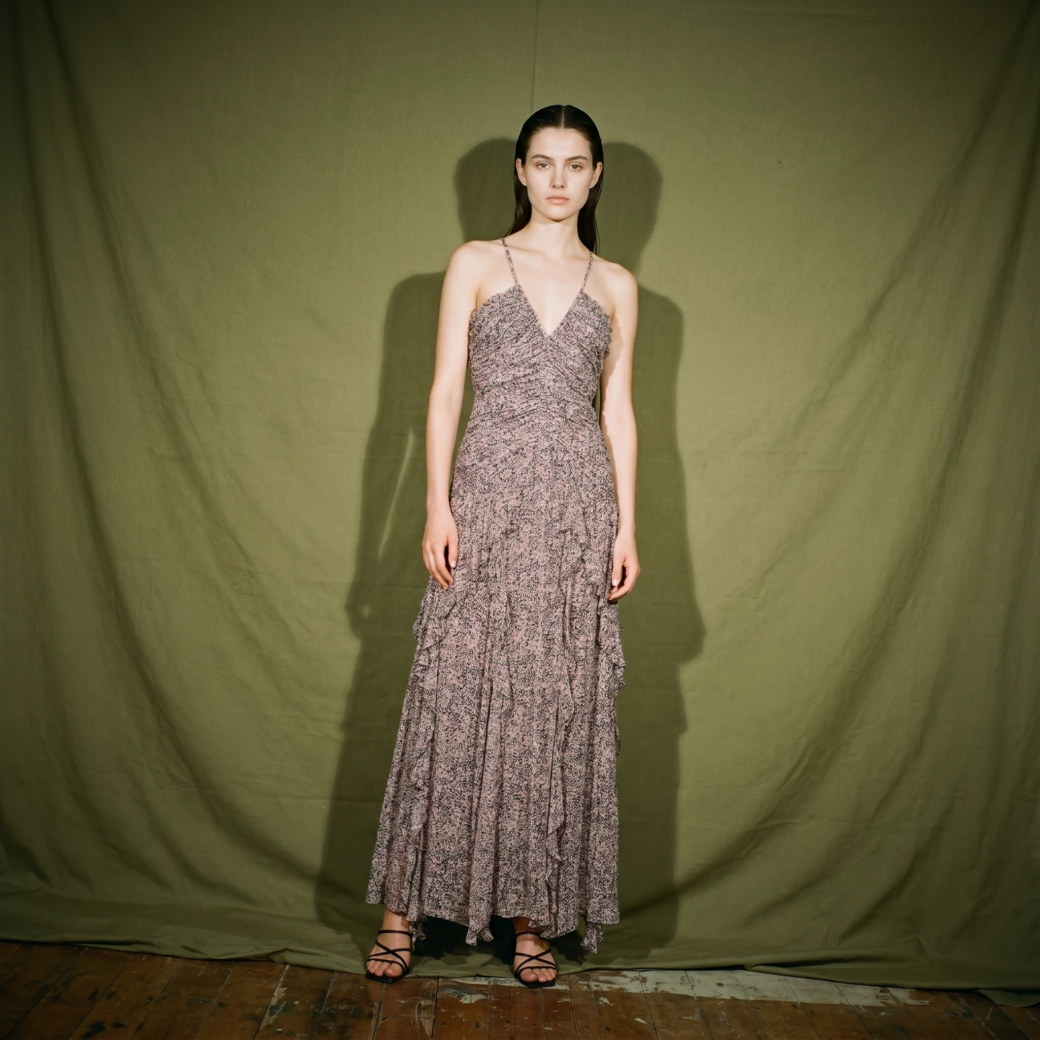 Shona Joy Cynthia Ruched Frill Maxi Dress Brown and Beige Chiffon