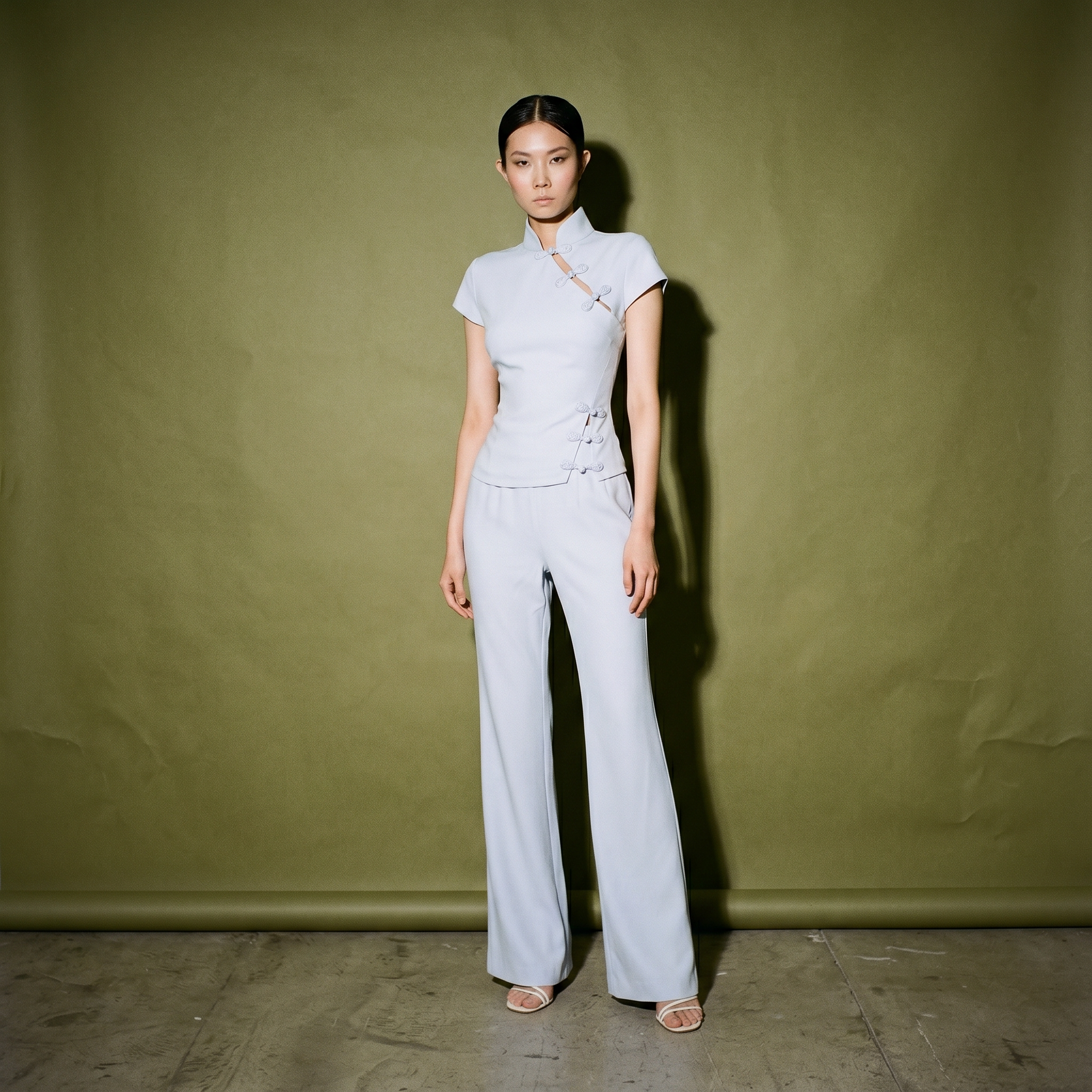 Saulee Iris Crepe Top Hand Tied Pipa Knot Button