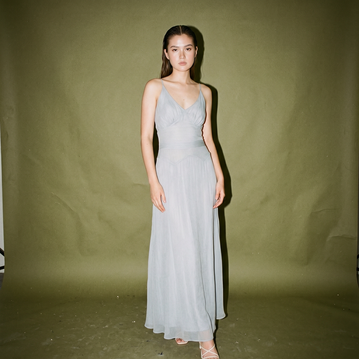 Elan Wear Slightly Sheer Blue Flowy Chiffon Dress with V Neck