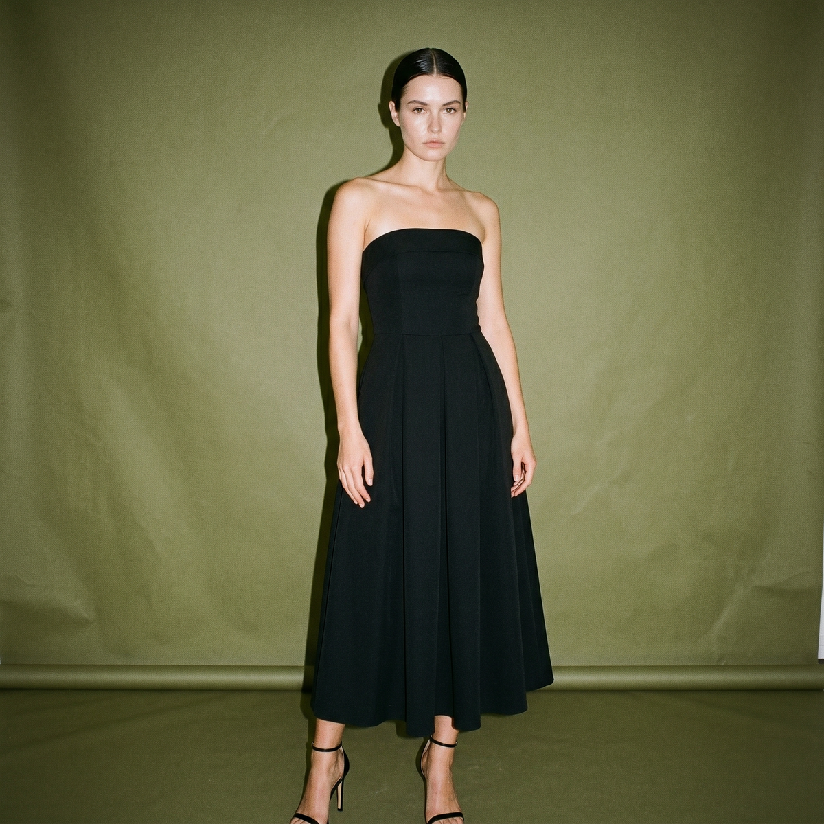 Pamela Andres Black Duchess Dress with a Tube Neckline and Ankle Length Skirt