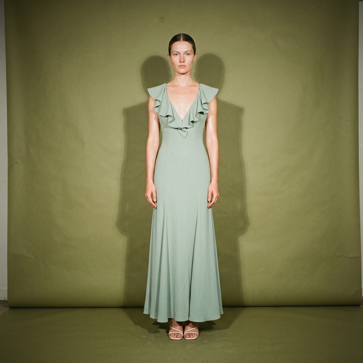 Elan Wear Light Green Chiffon Dress with a V Neck Ruffle Neckline