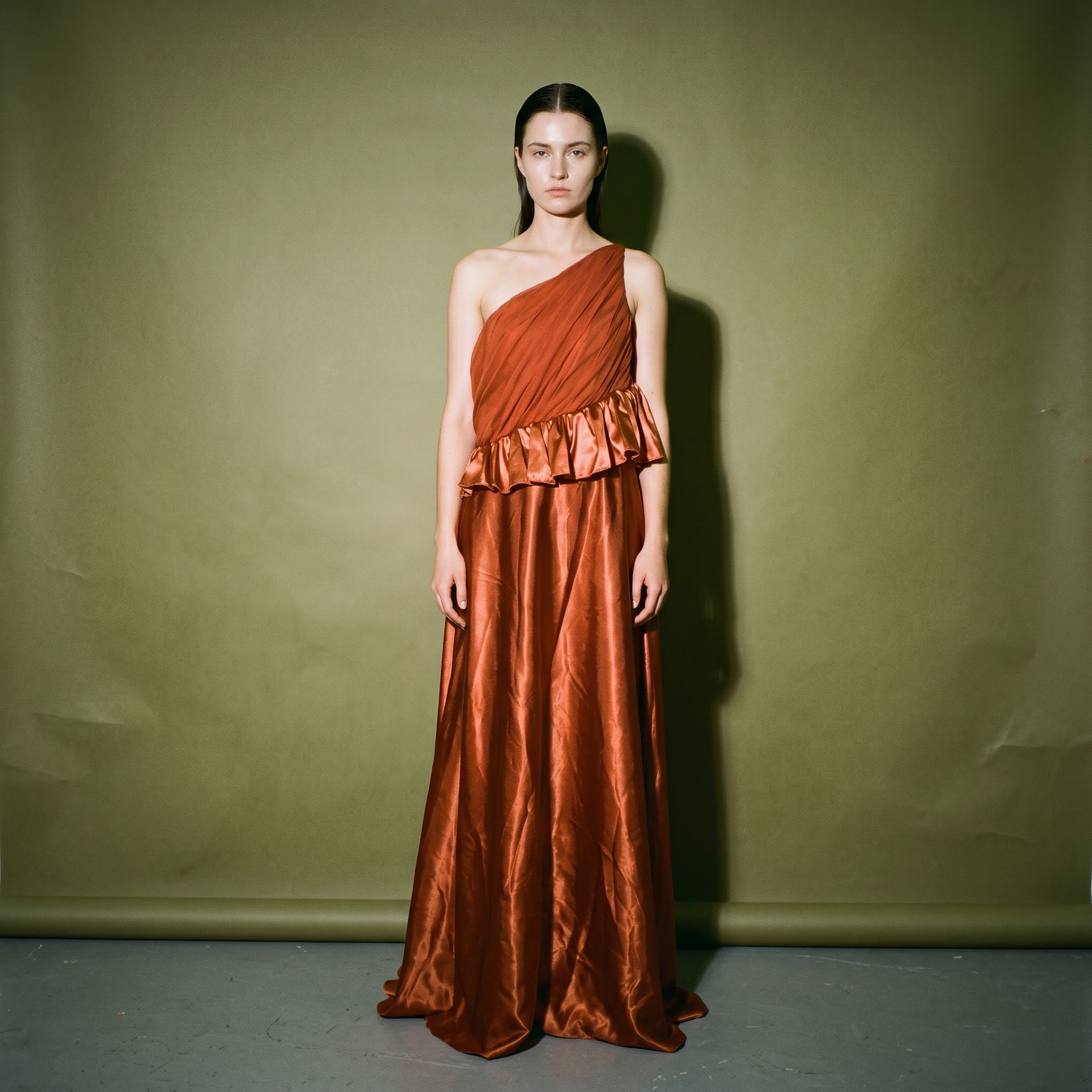 Sassa Jimenez One Shoulder Ruffles and Long Flowing Skirt Silk