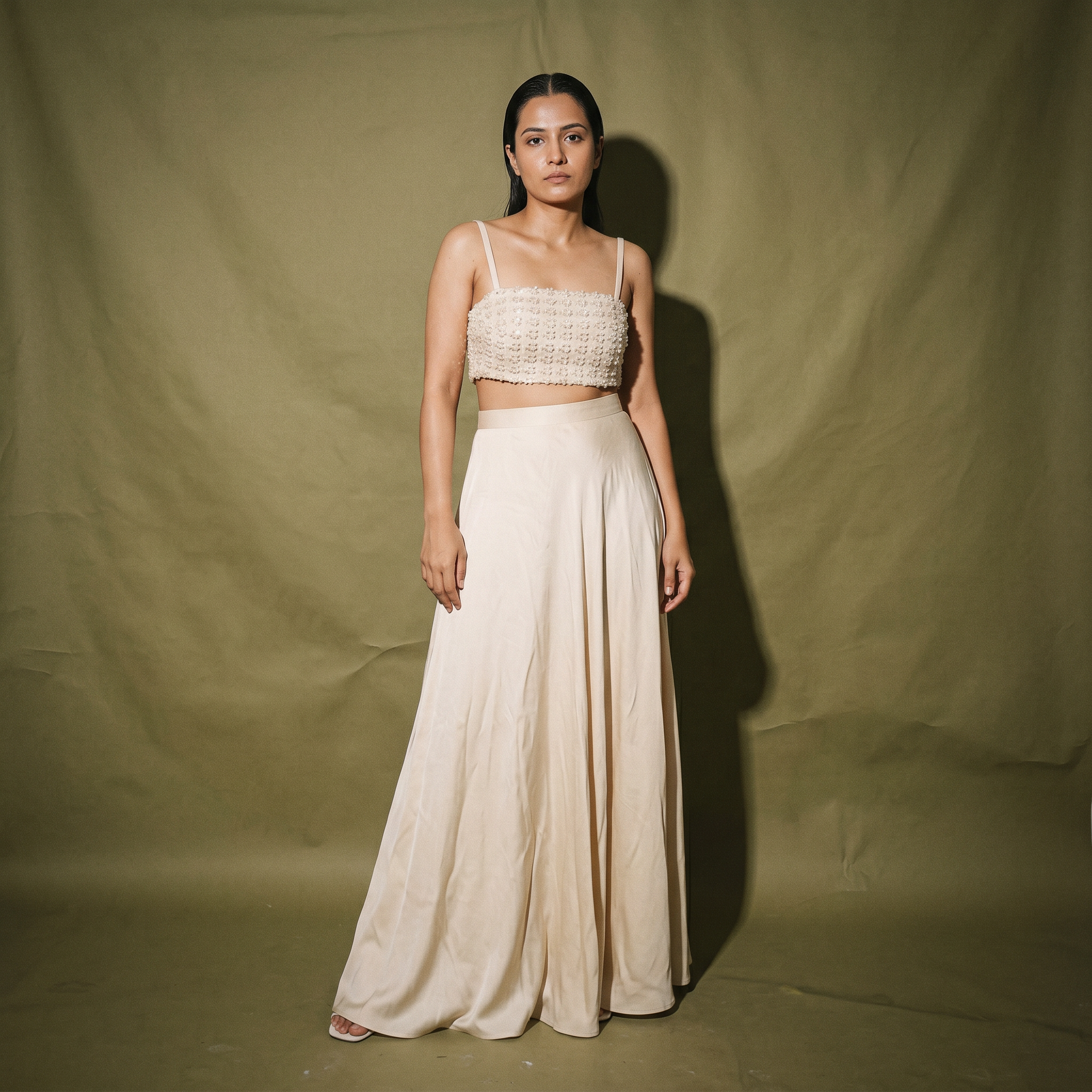 Tinni Co-Ord Beige Silk Top with Sequins