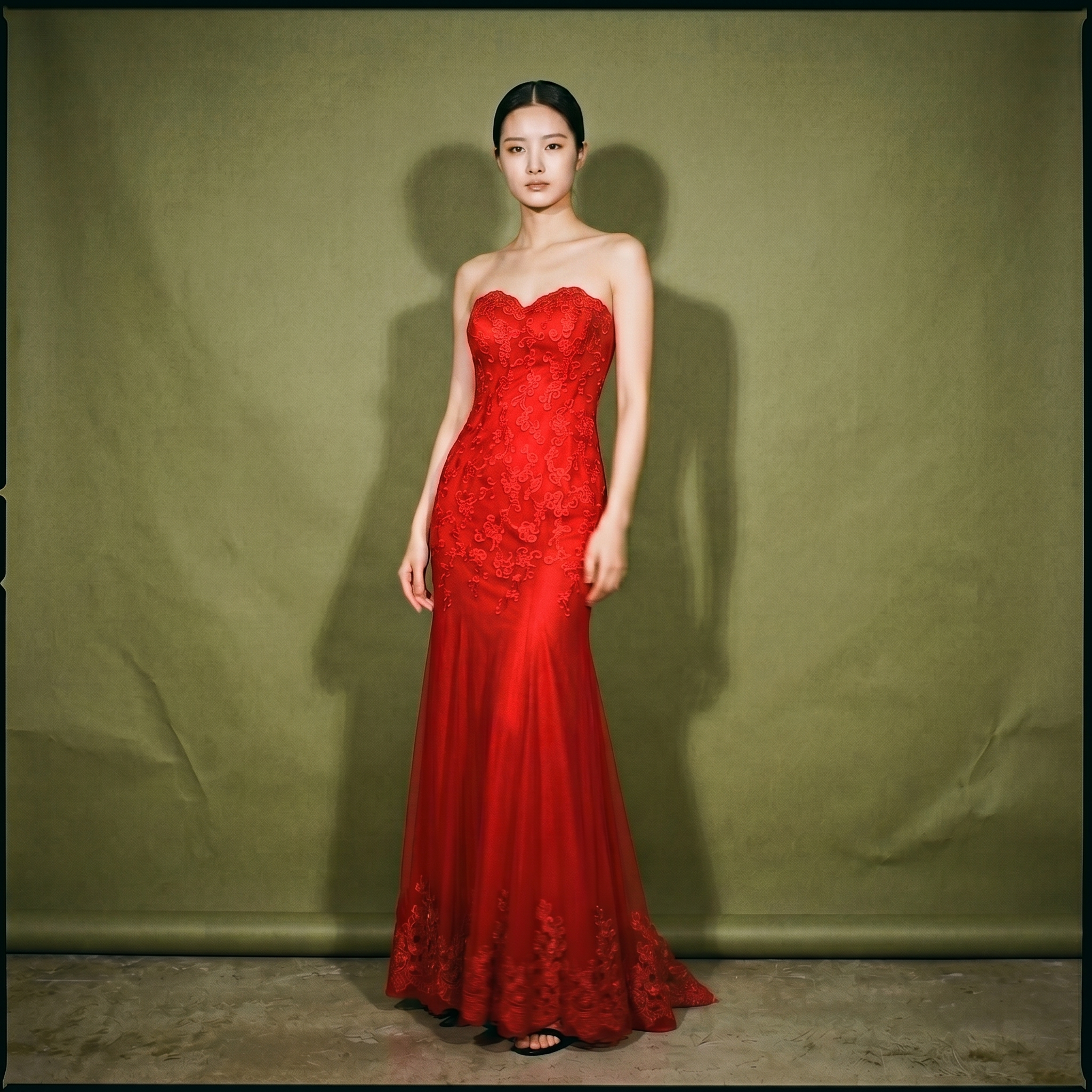 Red Tube Dress Lace Draping and Beaded Embroidery