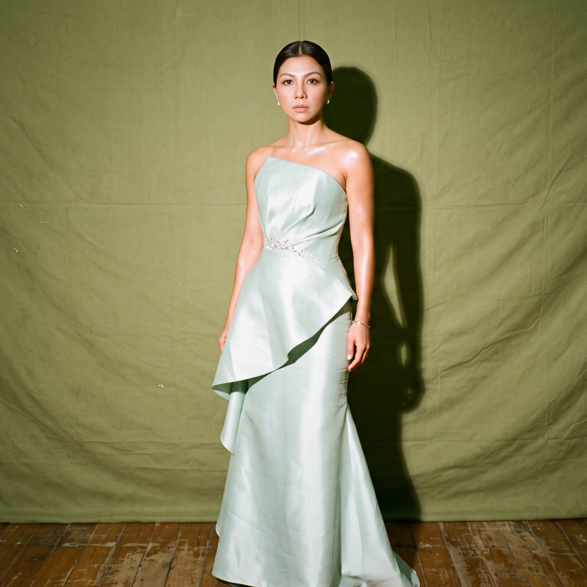 Zibeline Dress Featuring Strapless Bodice and Side Cascade Ruffle
