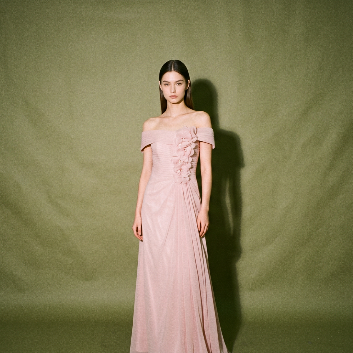 Paul Cabral Blush Off Shoulder Evening Gown