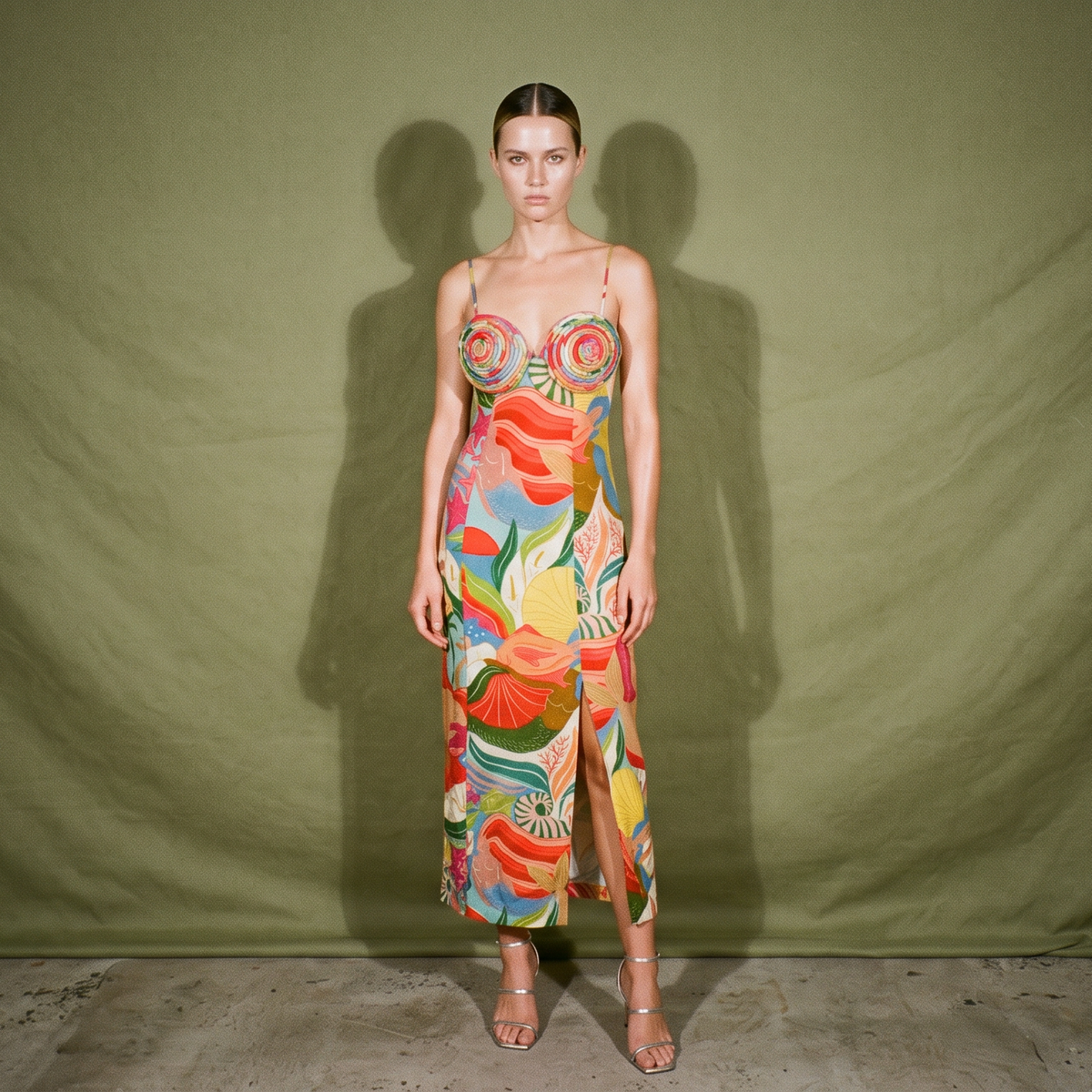 Farm Multicolor Ocean View Twisted Cups Midi Dress
