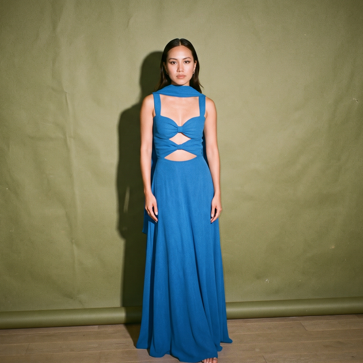 Laila Ramos Blue Dress Cut Out Front with Scarf