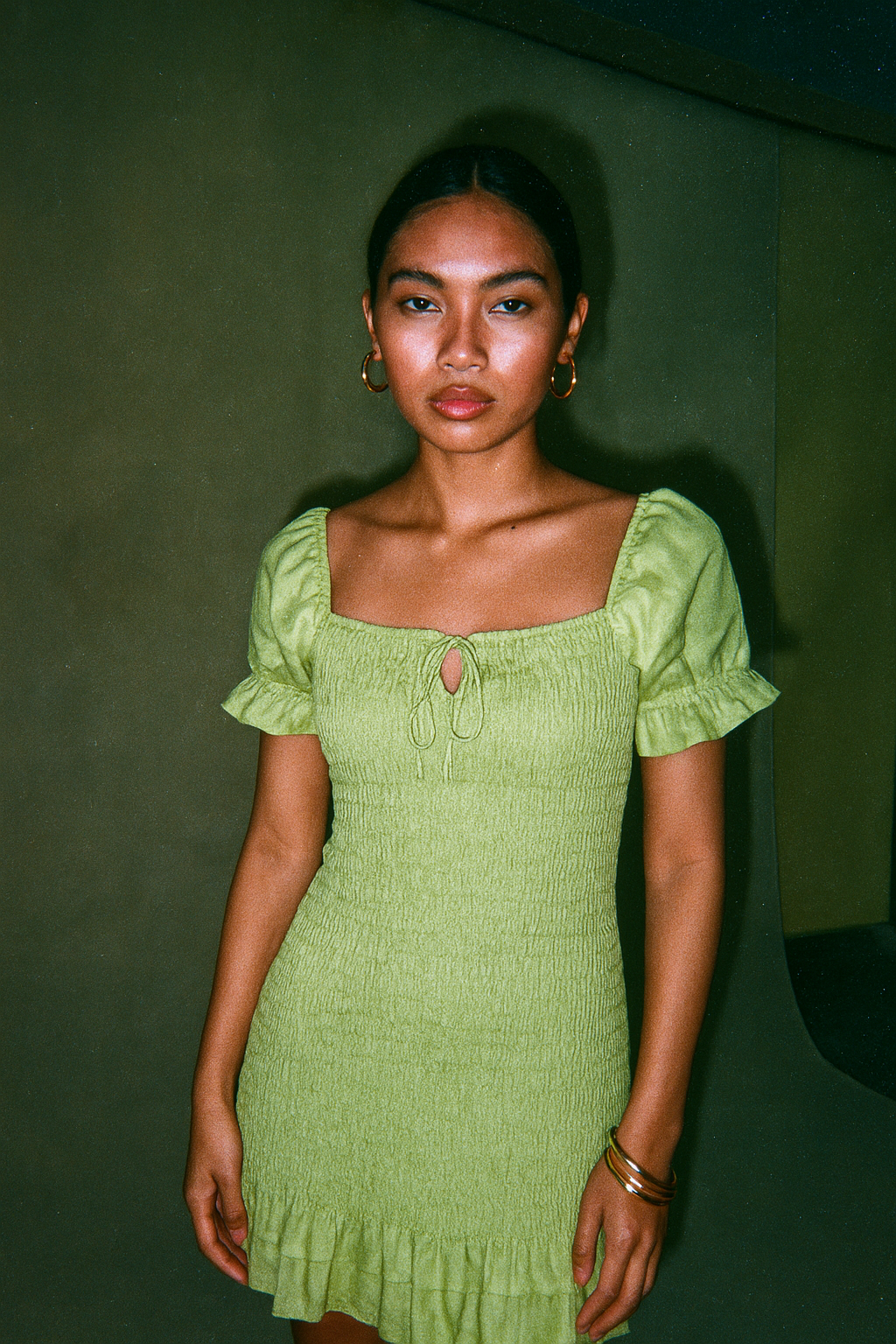 Faithful The Brand Green Puffsleeve Dress With Ruched Detail