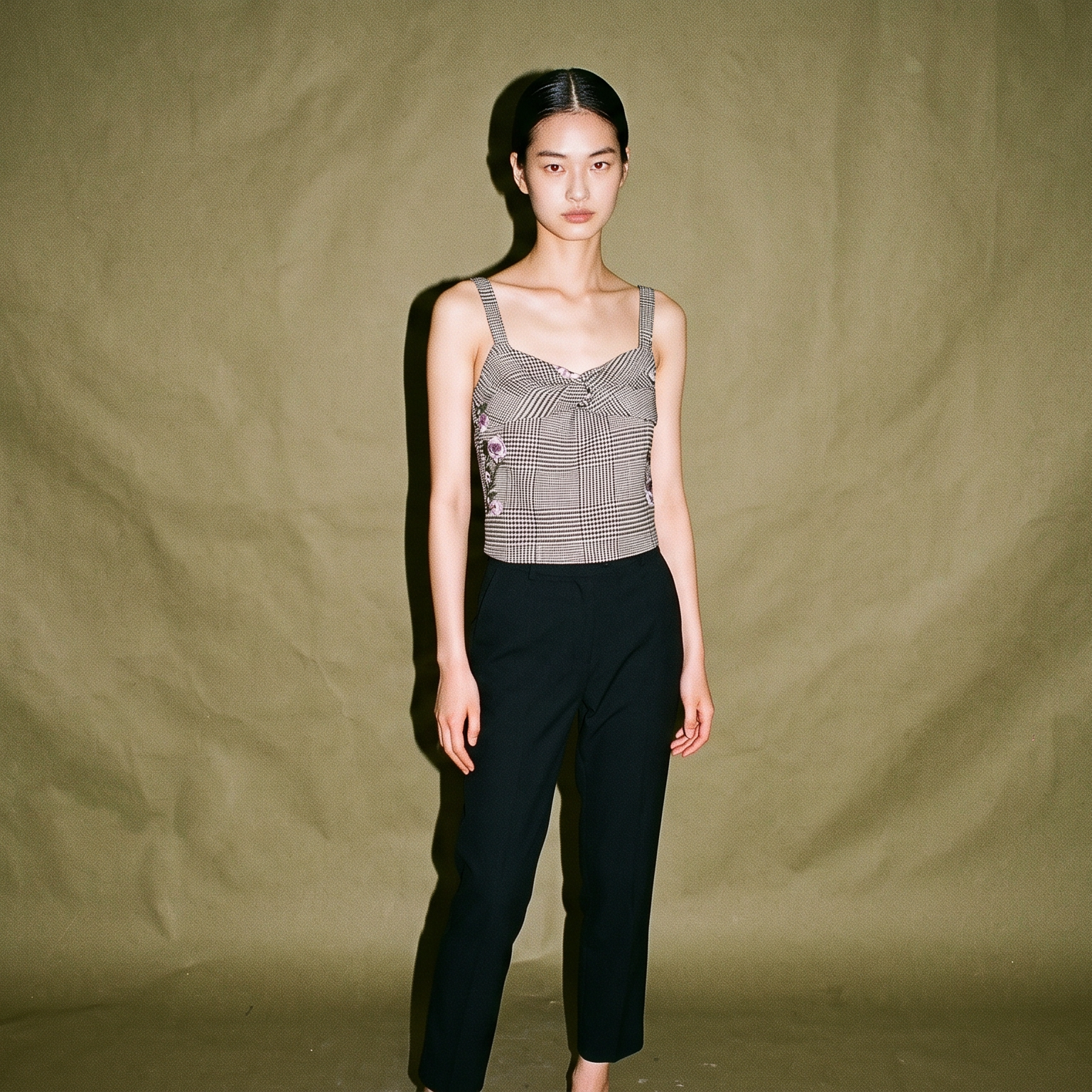 Vania Romoff Checkered Top Floral with Tie at the Back