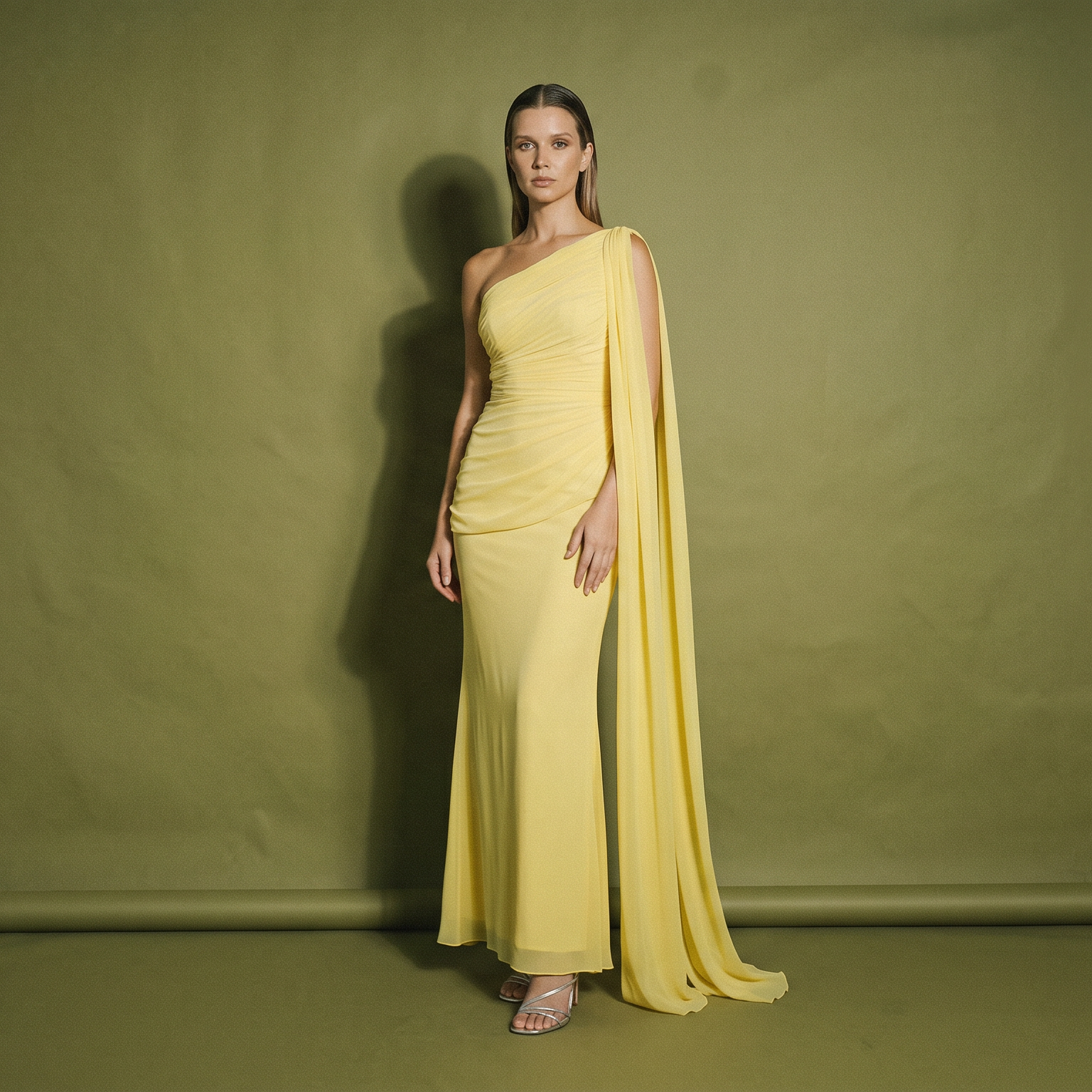 Dots By J Draped One Shoulder Fitted Yellow Dress