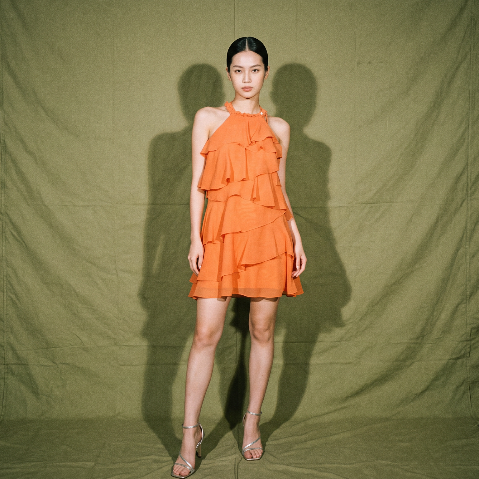 Chynna Orange Chiffon Tiered Ruffle Dress
