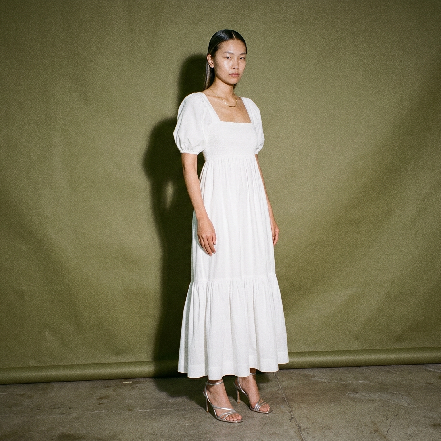 White Linen Puff Sleeve with Top Ruched Design